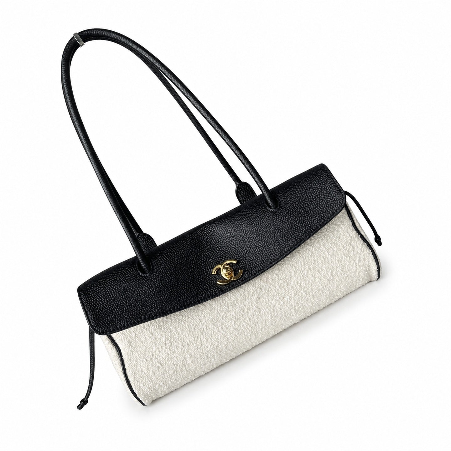 Chanel Large Wool Leather Black White Gold Tote Bag