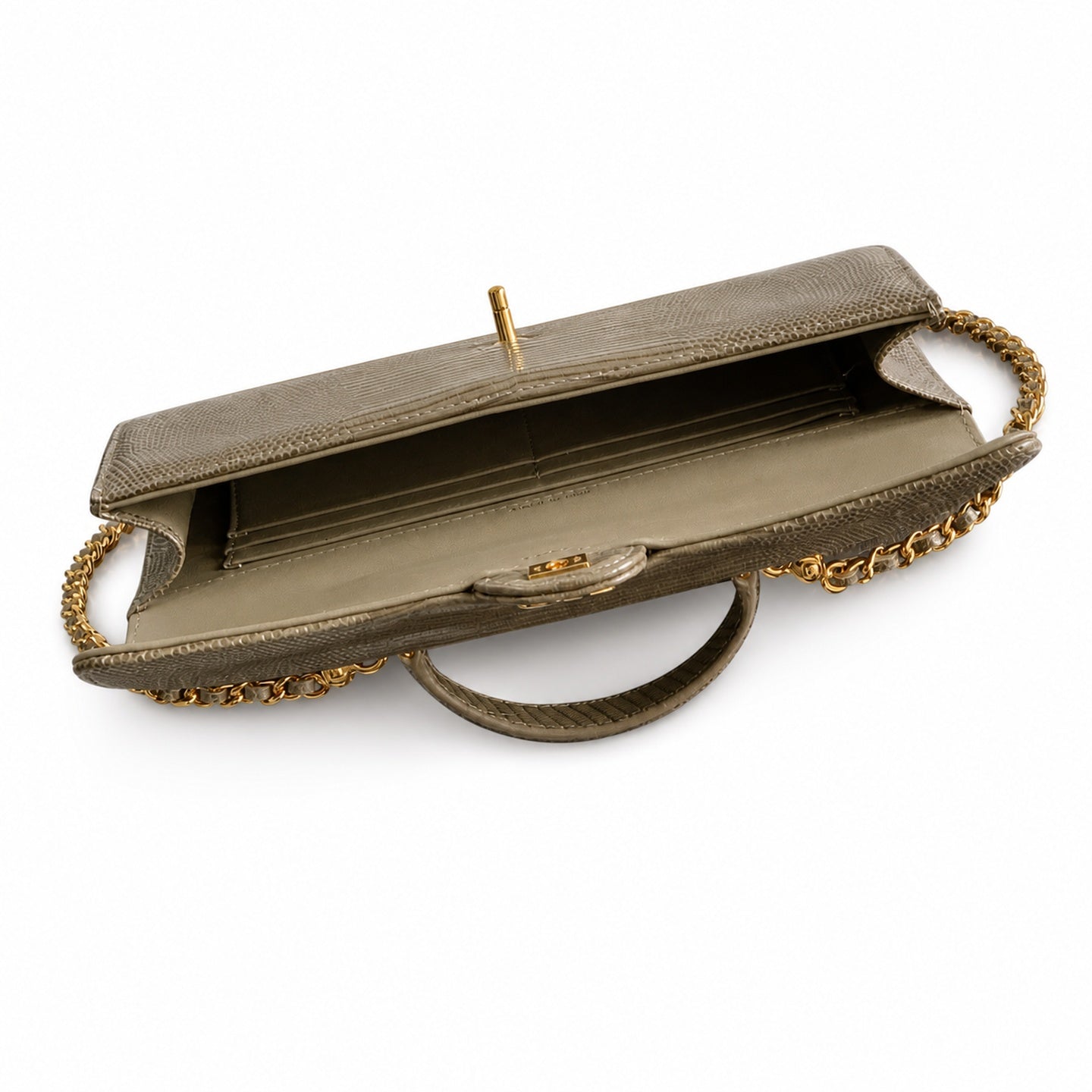 Chanel Leather Gray Khaki Gold Handbag