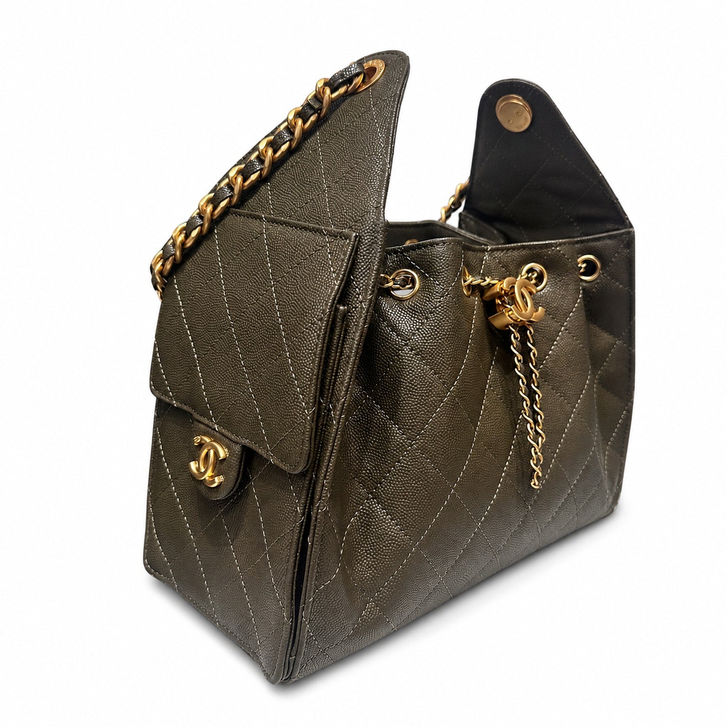 Chanel Small Leather Black Green Gold Bag