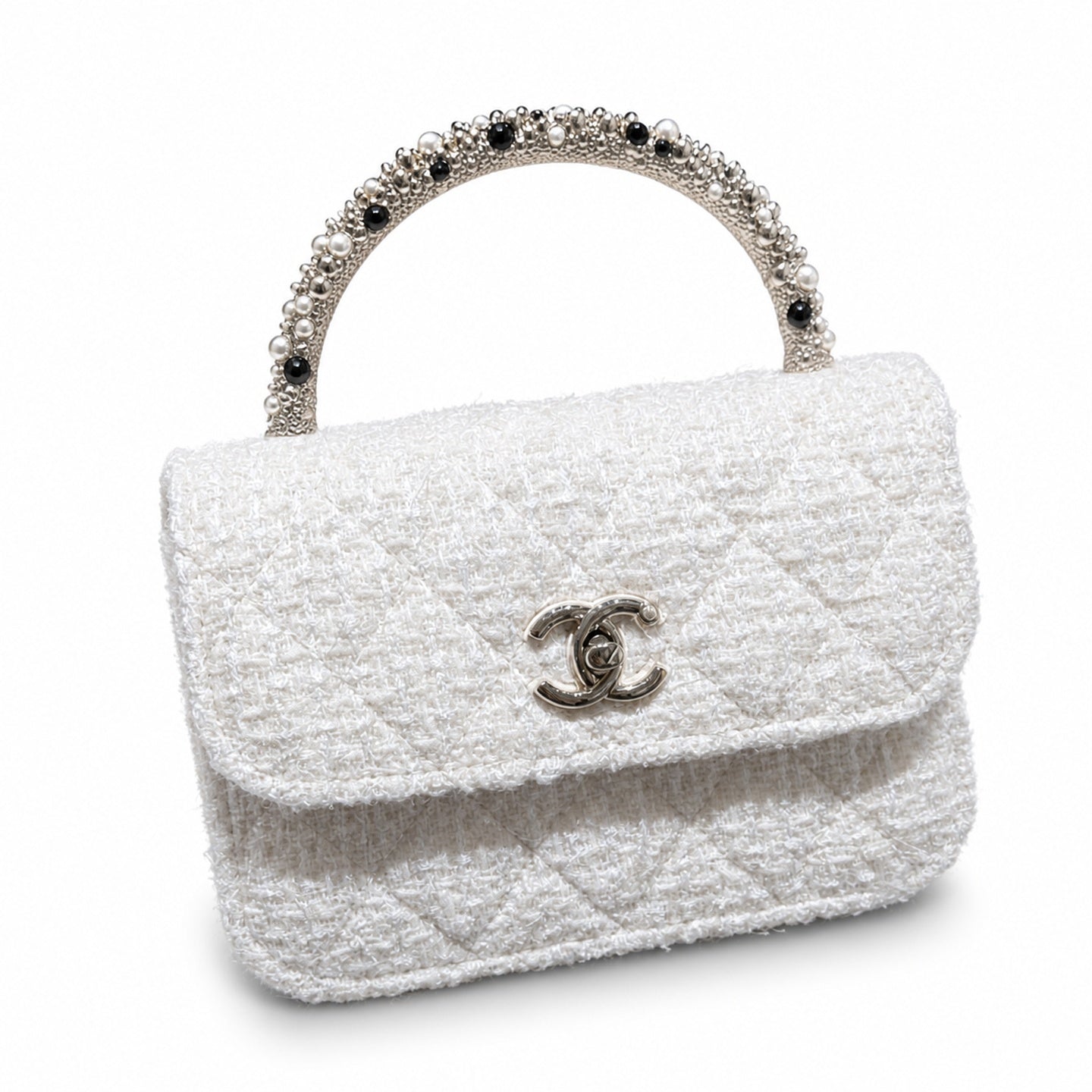 Chanel Small Tweed Black White Gold Handbag
