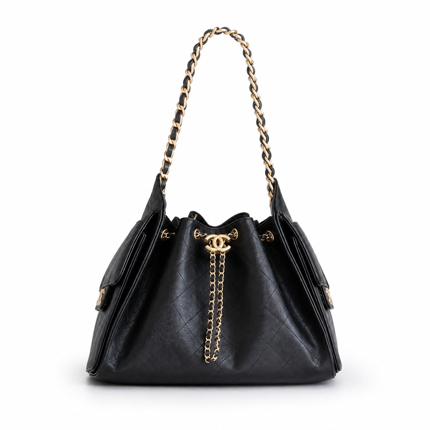 Chanel Small Leather Black Gold Shopping Bag