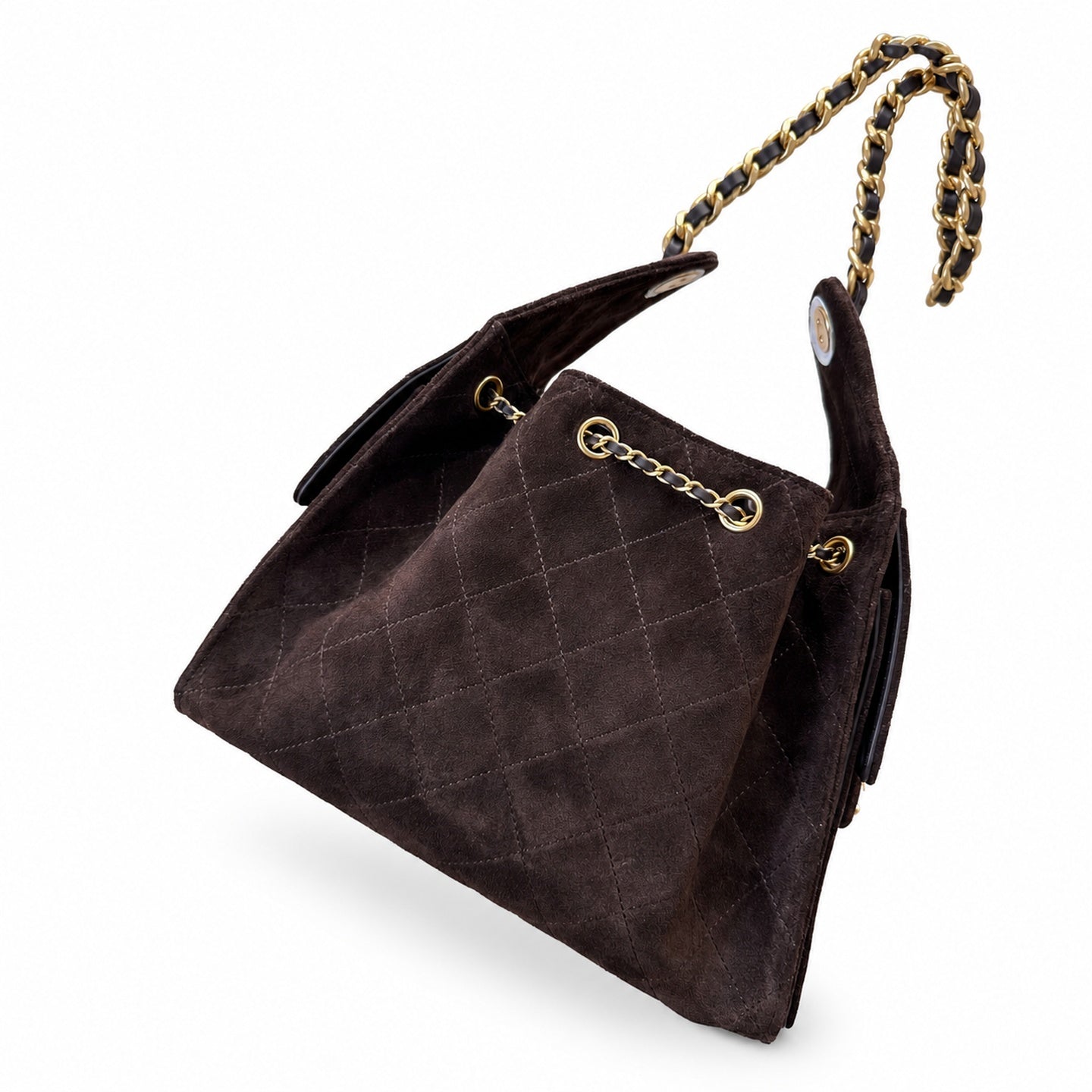 Chanel Suede Check Brown Gold Bag