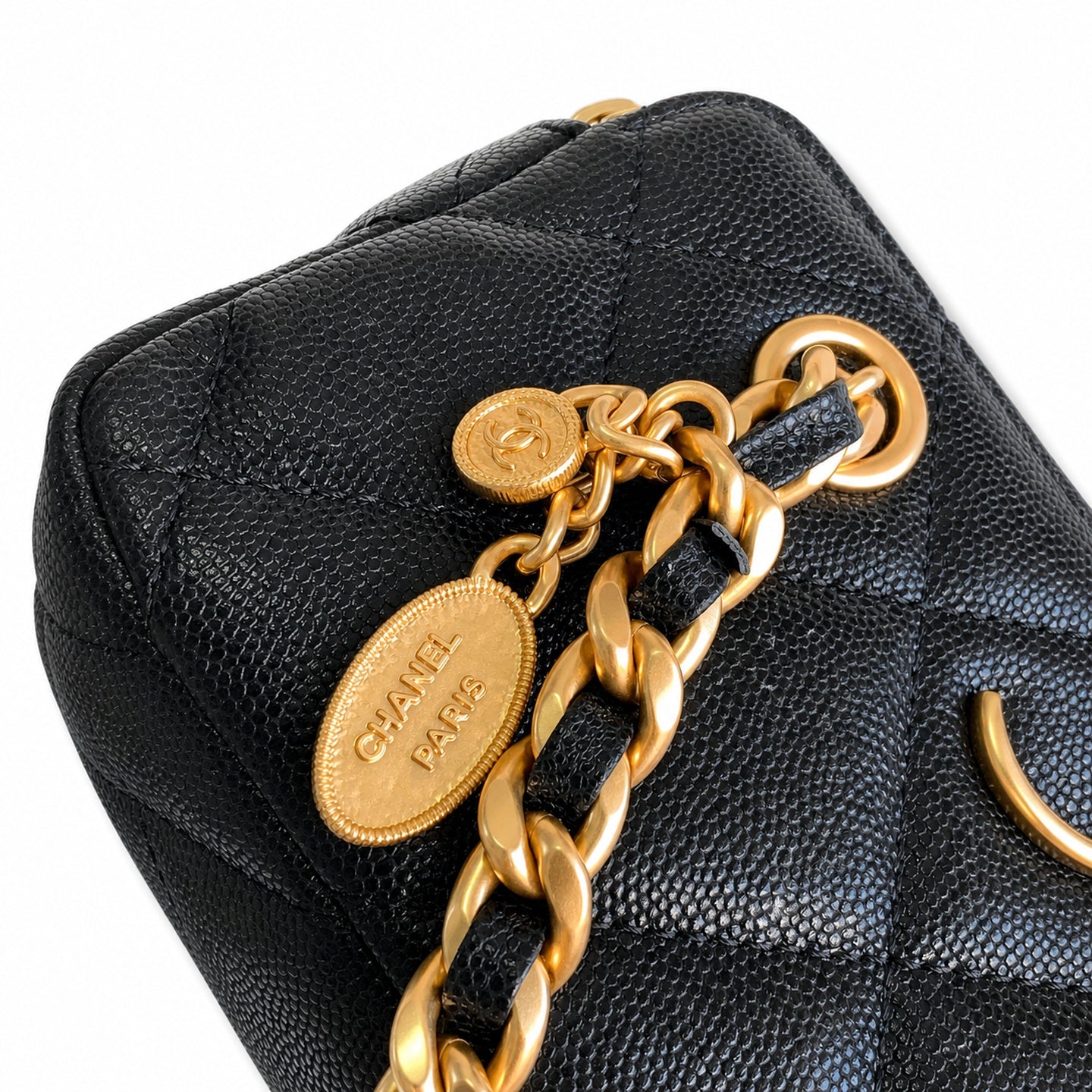 Chanel Small Wool Leather Black Gold Bag