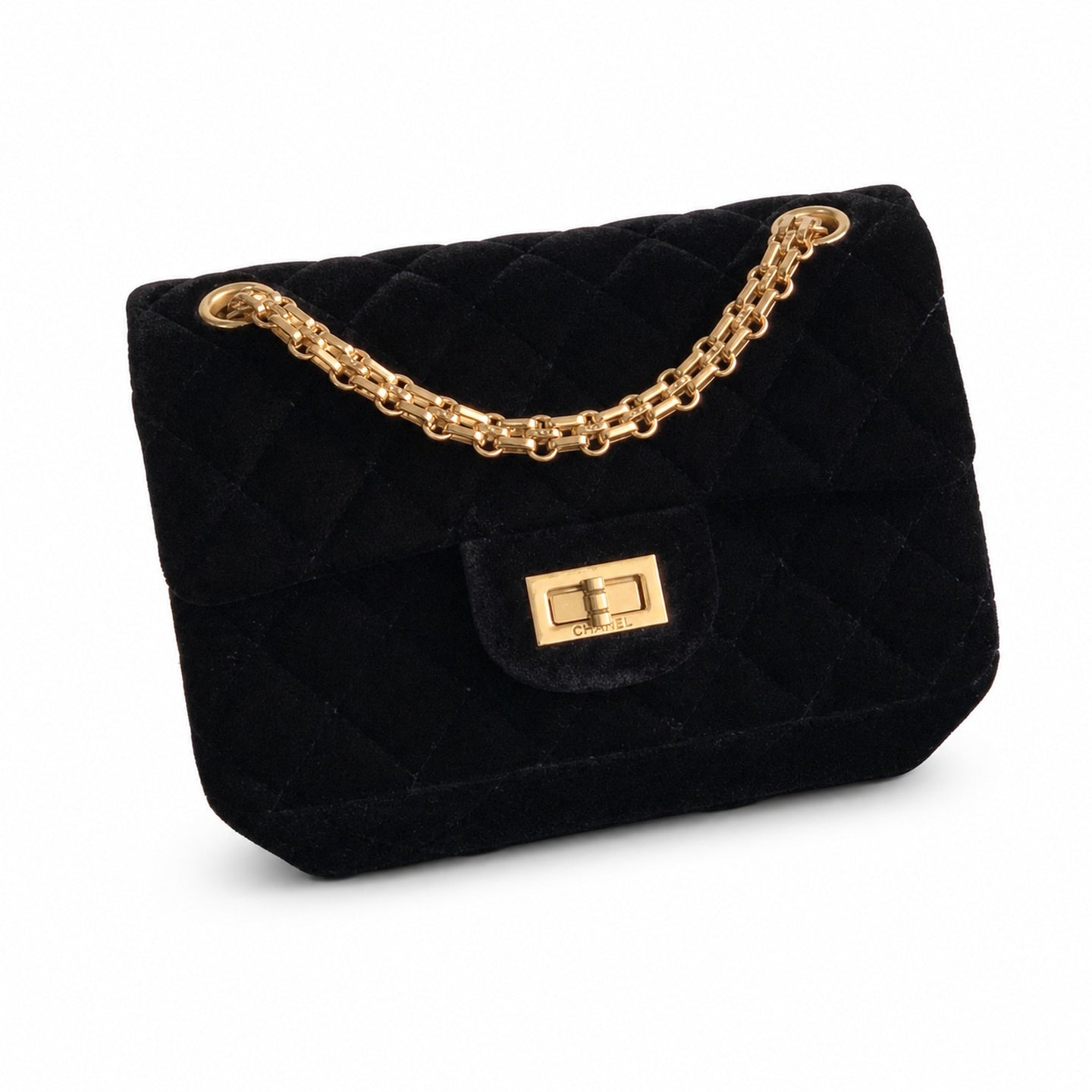 Chanel Mini Silk Velvet Tweed Leather Black Gold Charm