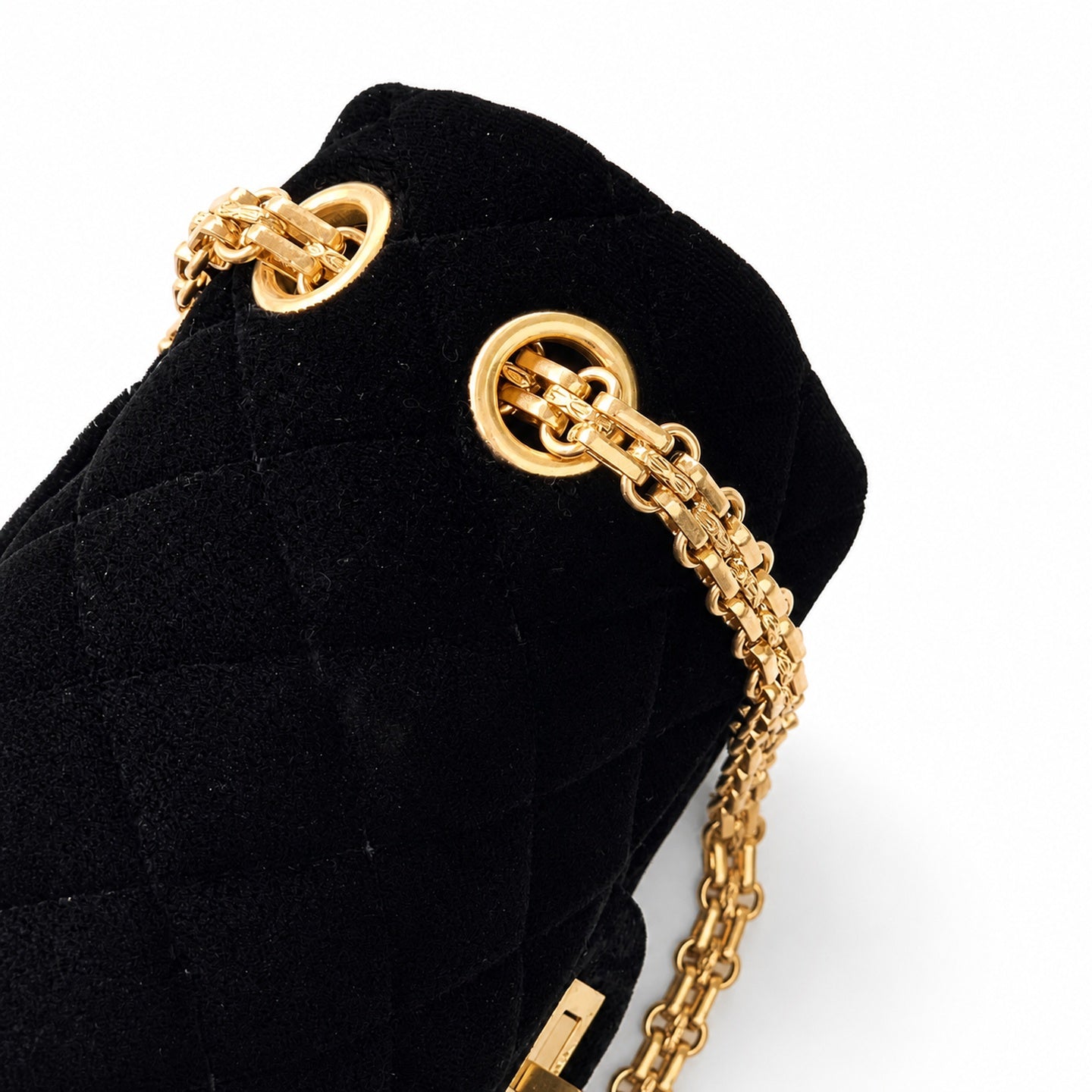 Chanel Mini Silk Velvet Tweed Leather Black Gold Charm