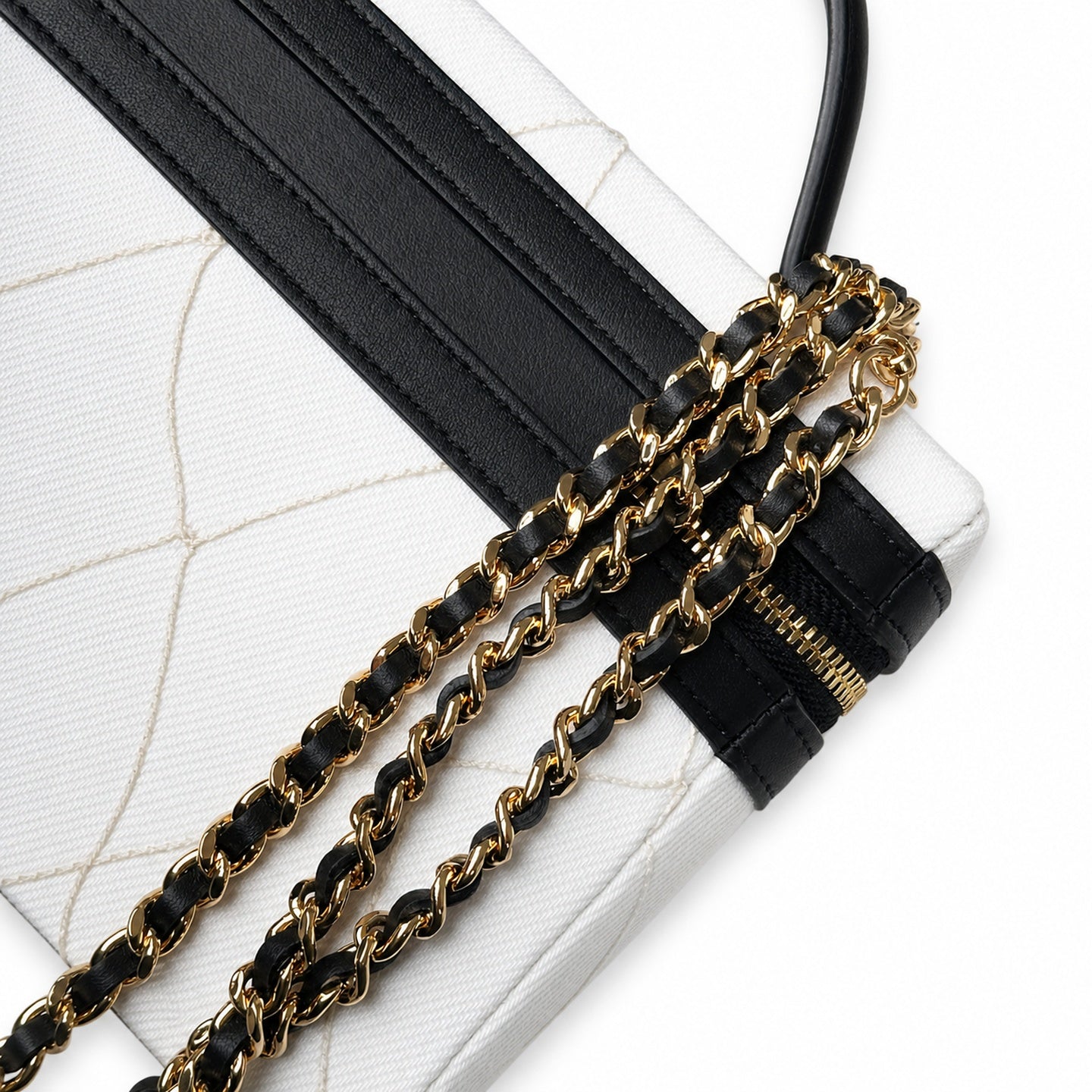 Chanel Double Zip Small Canvas Tweed Leather Black White Gold Bag