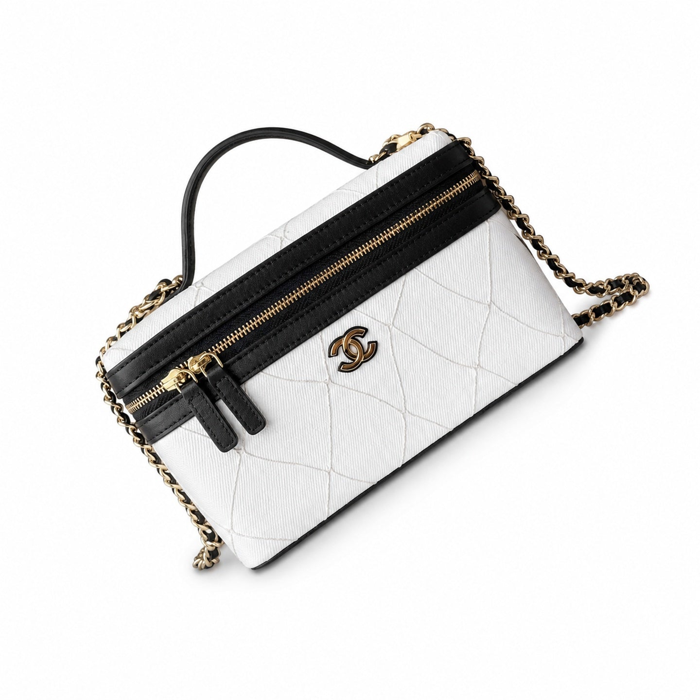 Chanel Double Zip Small Canvas Tweed Leather Black White Gold Bag