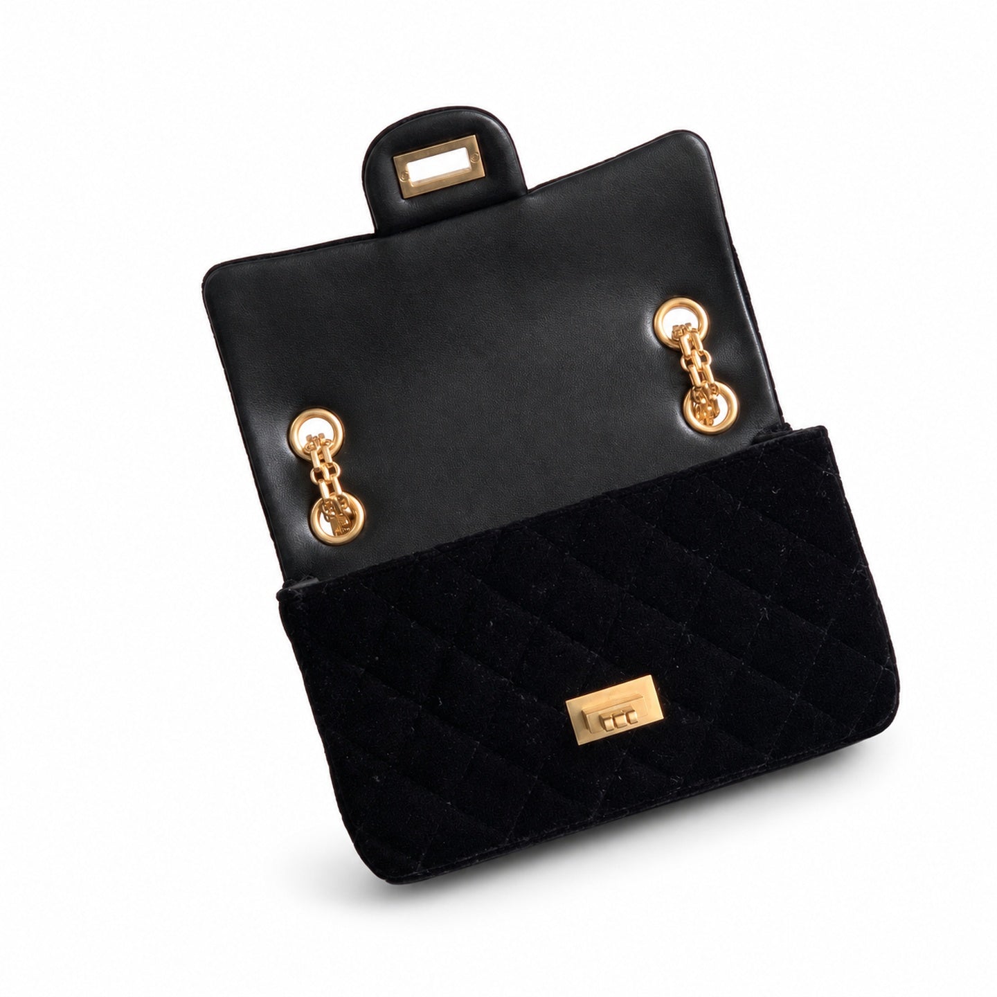 Chanel Mini Silk Velvet Tweed Leather Black Gold Charm