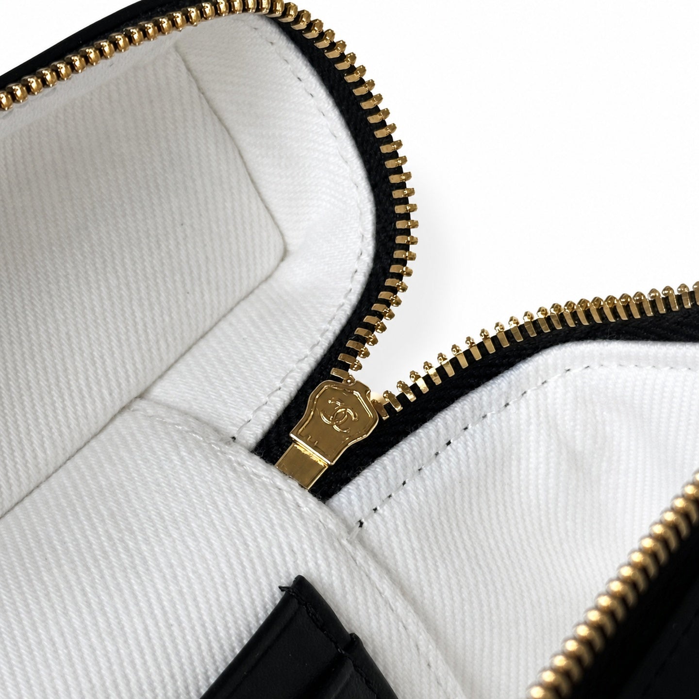 Chanel Double Zip Small Canvas Tweed Leather Black White Gold Bag