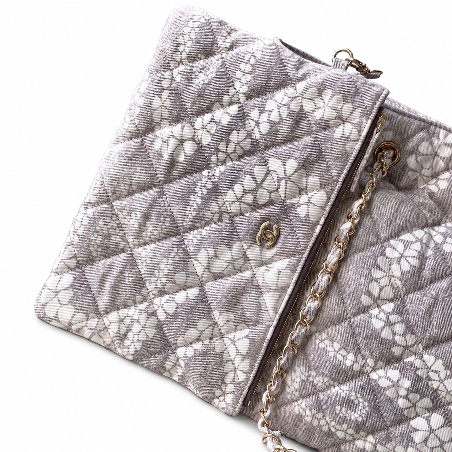Chanel Denim White Gray Gold Bag