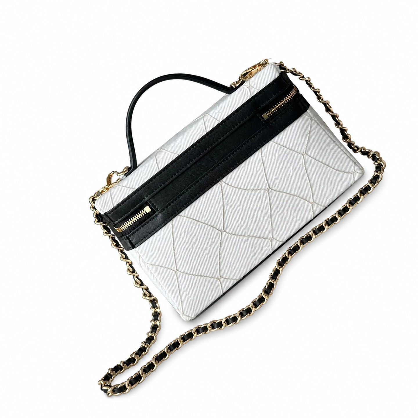 Chanel Double Zip Small Canvas Tweed Leather Black White Gold Bag