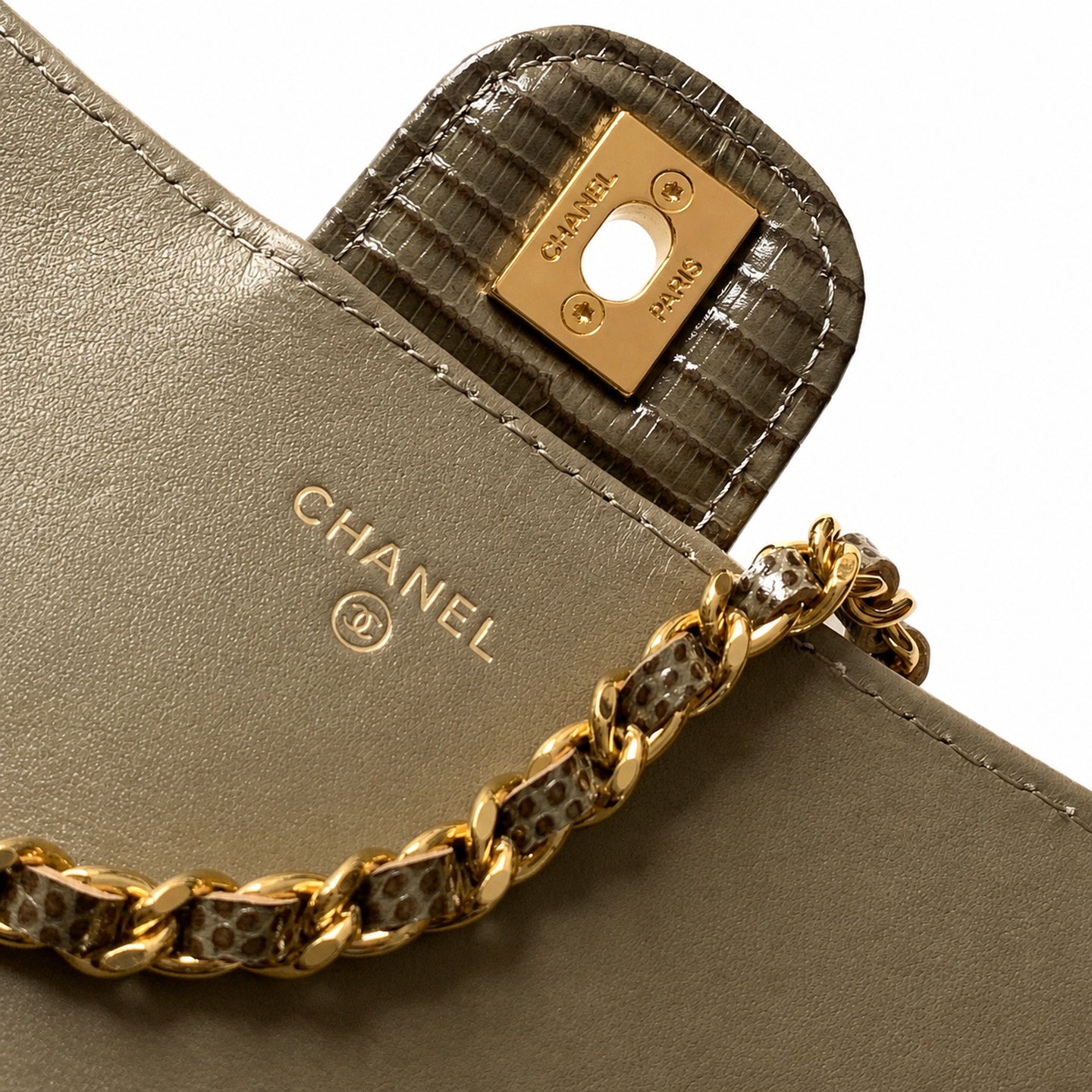 Chanel Leather Gray Khaki Gold Handbag