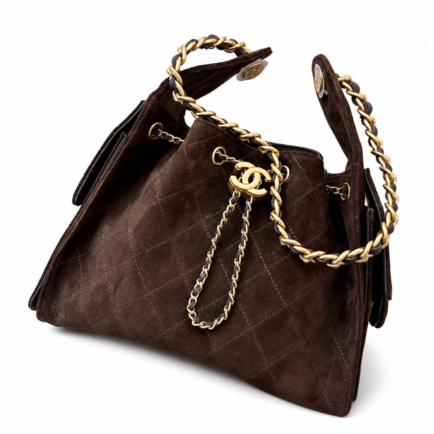Chanel Suede Check Brown Gold Bag