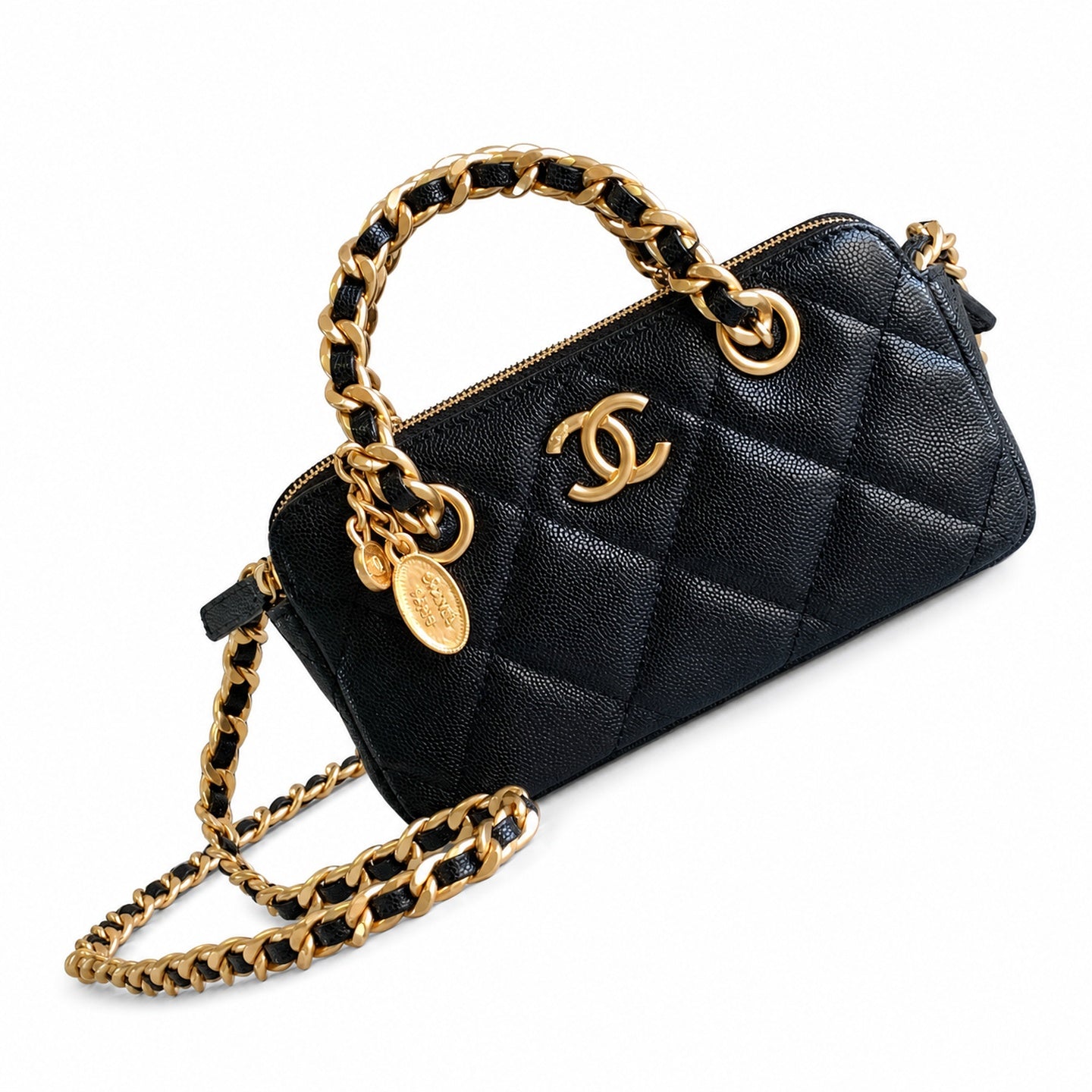 Chanel Small Wool Leather Black Gold Bag