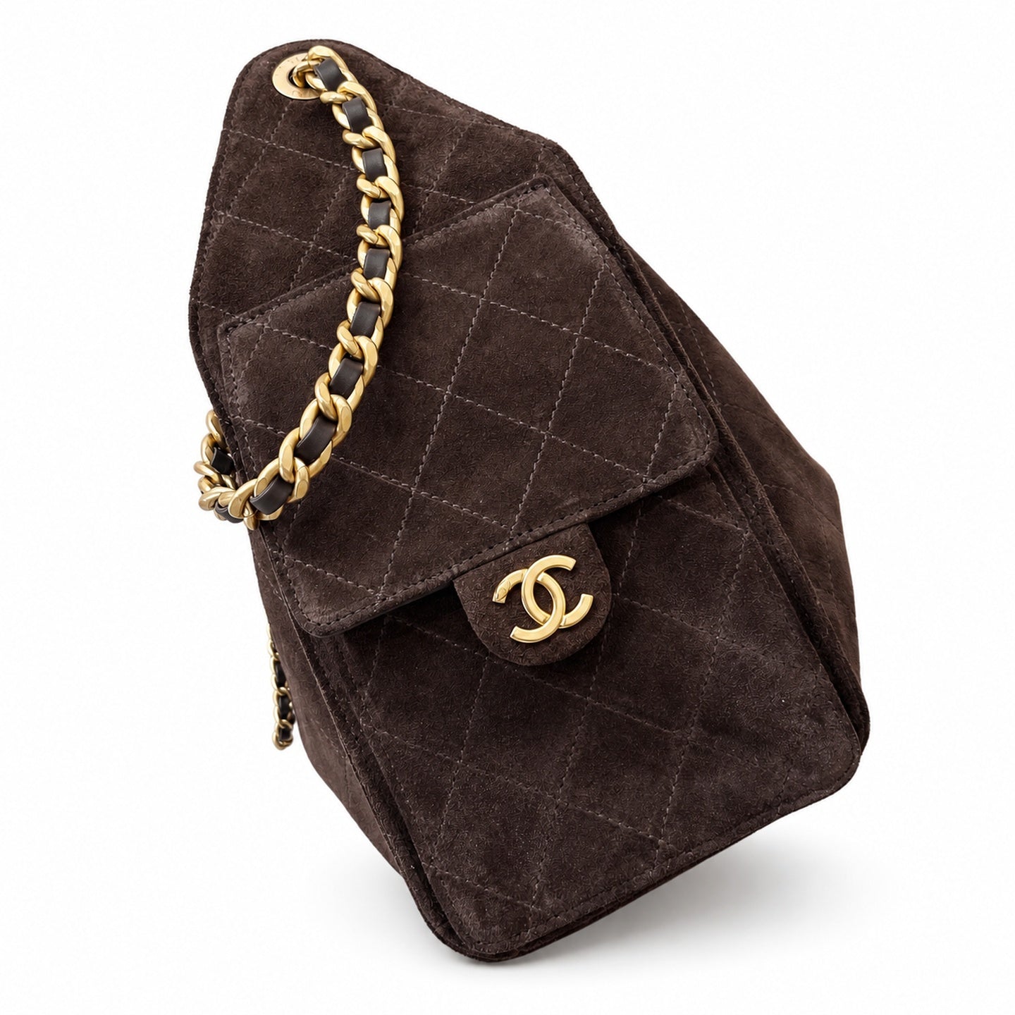 Chanel Suede Check Brown Gold Bag