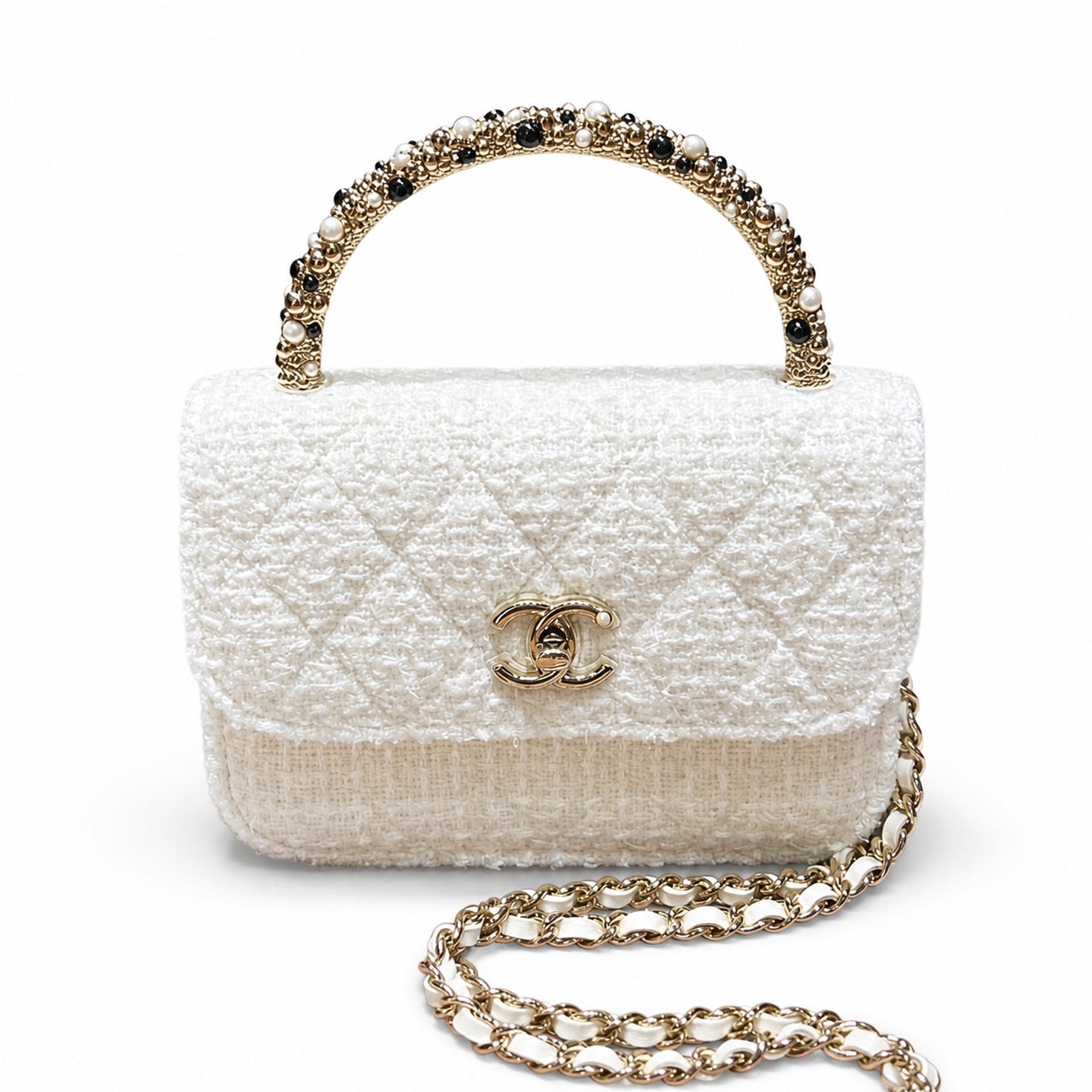 Chanel Small Tweed Black White Gold Handbag
