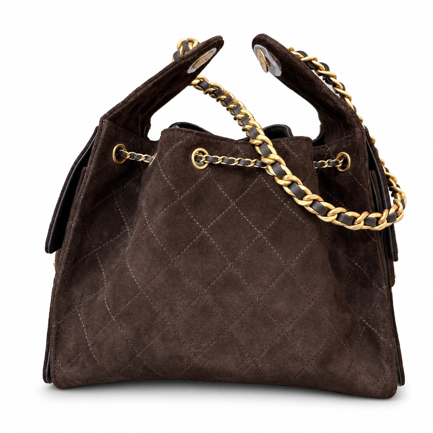 Chanel Suede Check Brown Gold Bag