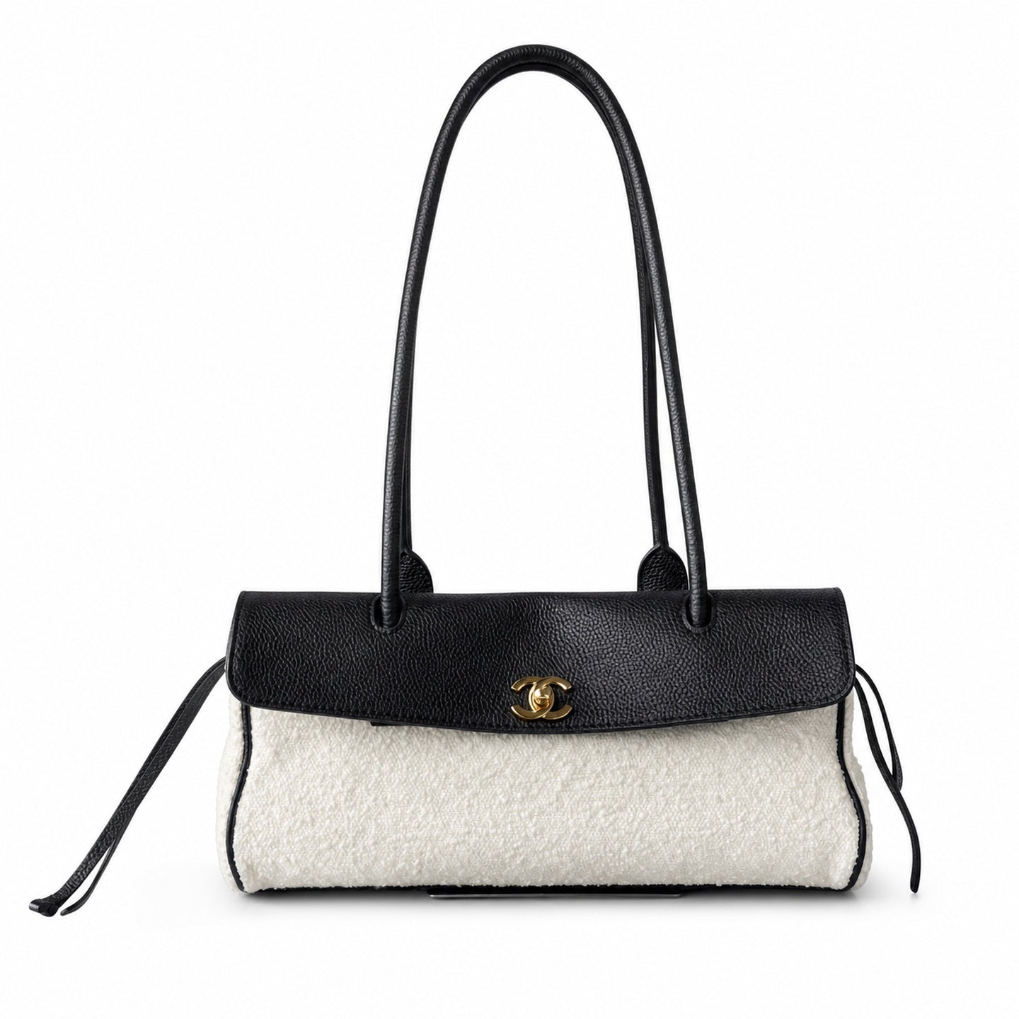 Chanel Large Wool Leather Black White Gold Tote Bag