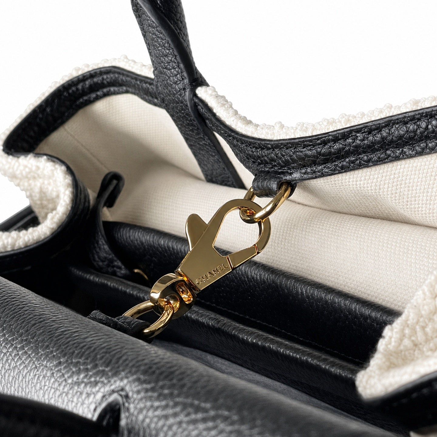 Chanel Large Wool Leather Black White Gold Tote Bag