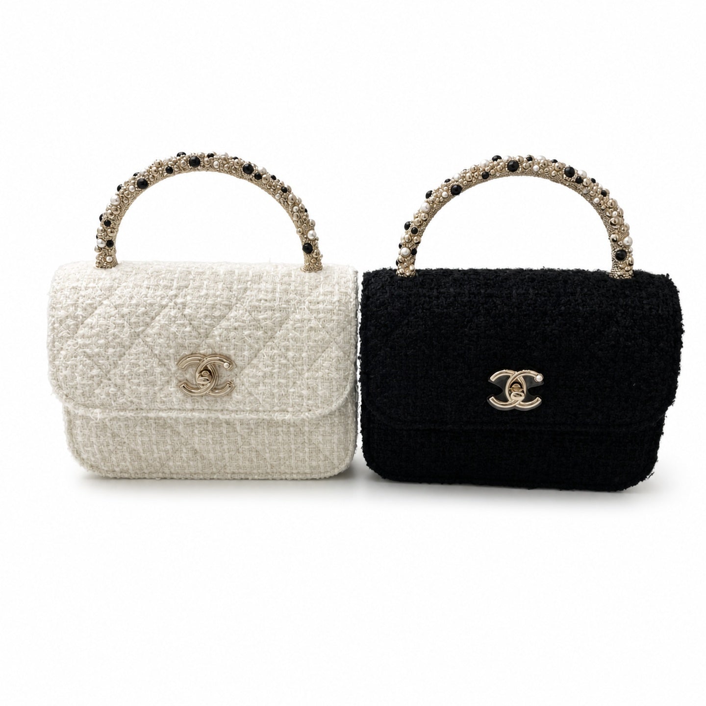 Chanel Small Tweed Black White Gold Handbag