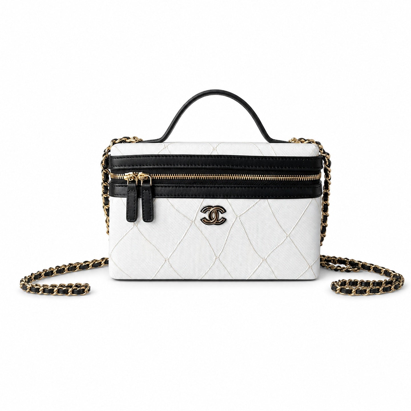 Chanel Double Zip Small Canvas Tweed Leather Black White Gold Bag