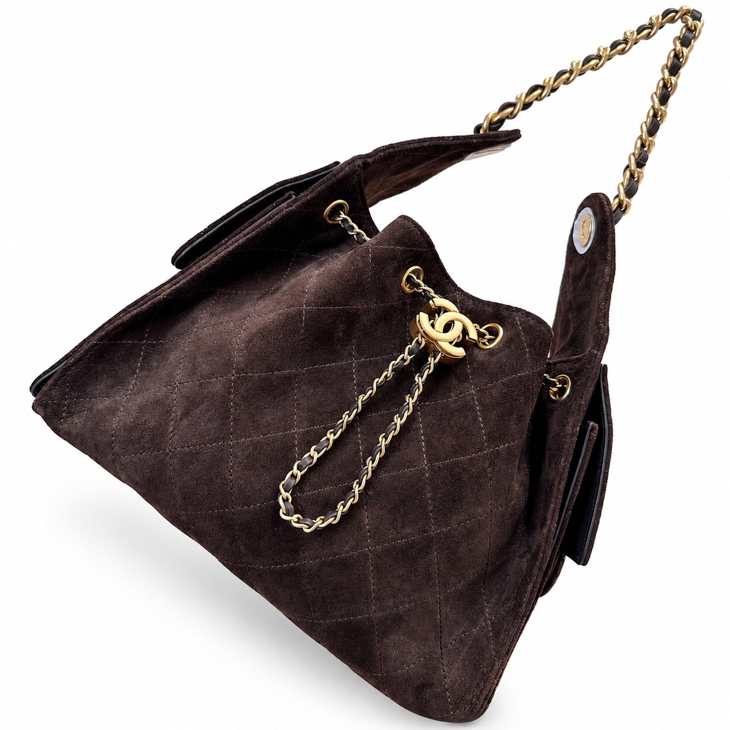 Chanel Suede Check Brown Gold Bag