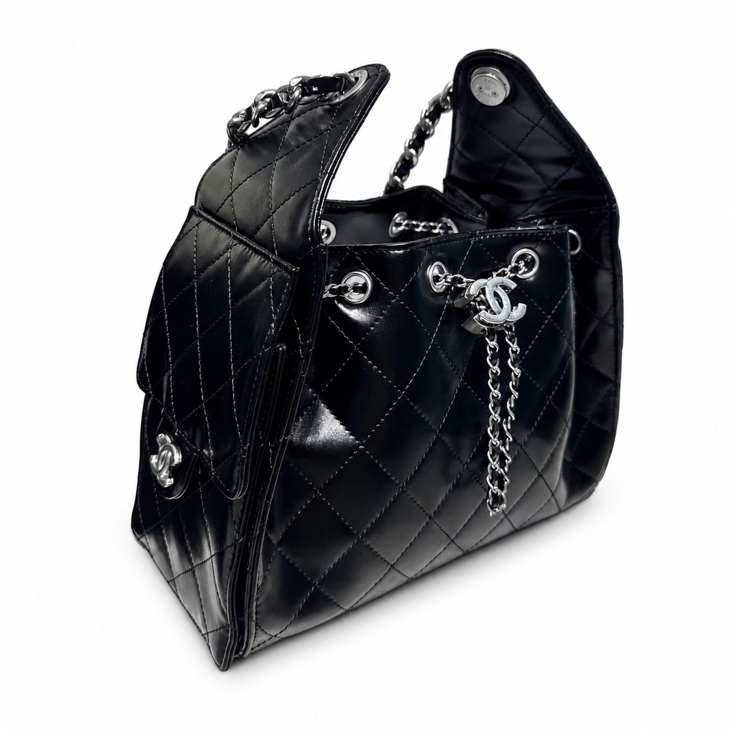 Chanel Small Leather Black White Gold Bag