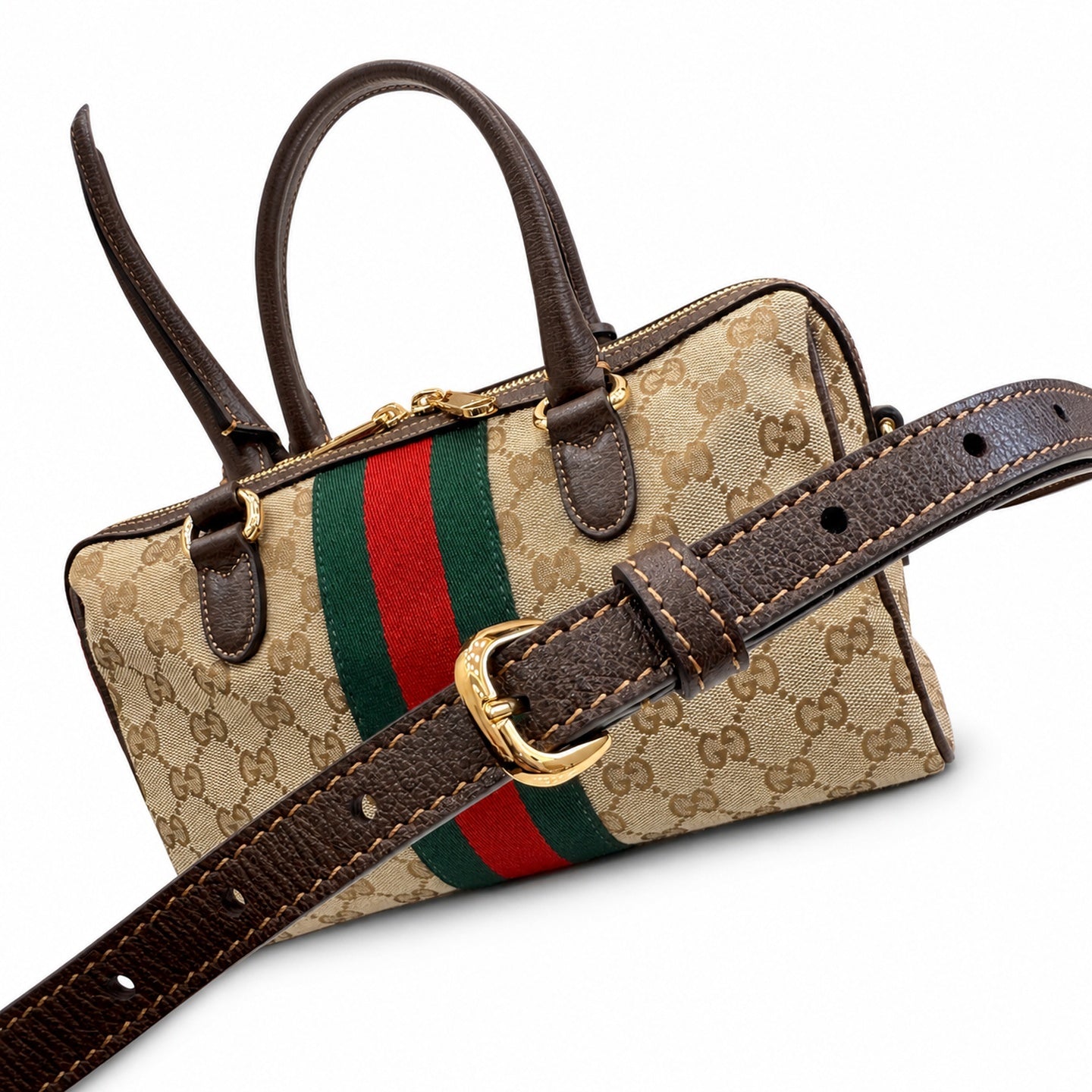 Gucci Horsebit Double Zip Canvas Leather Beige Brown Gold Handbag