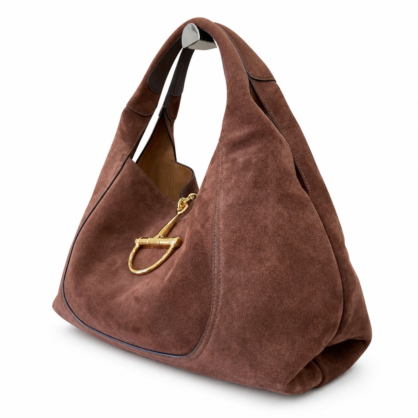 Gucci Horsebit Large Suede Leather Brown Gold Shoulder Bag