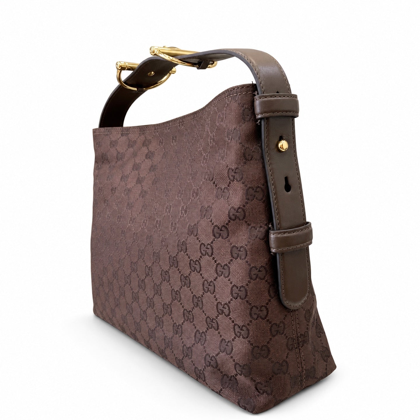 Gucci Horsebit Cotton Canvas Brown Gold Handbag
