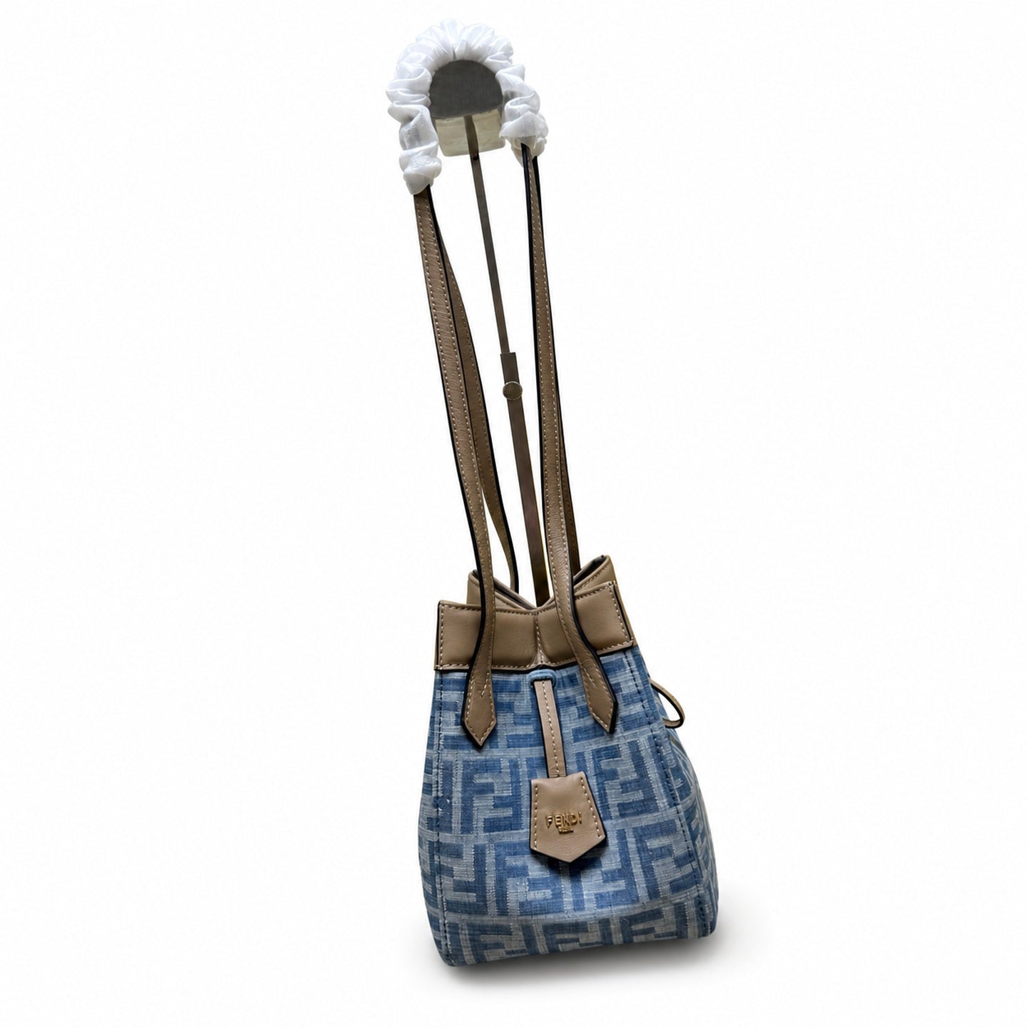 Fendi Origami Medium Denim Leather Beige Blue Gold Bag