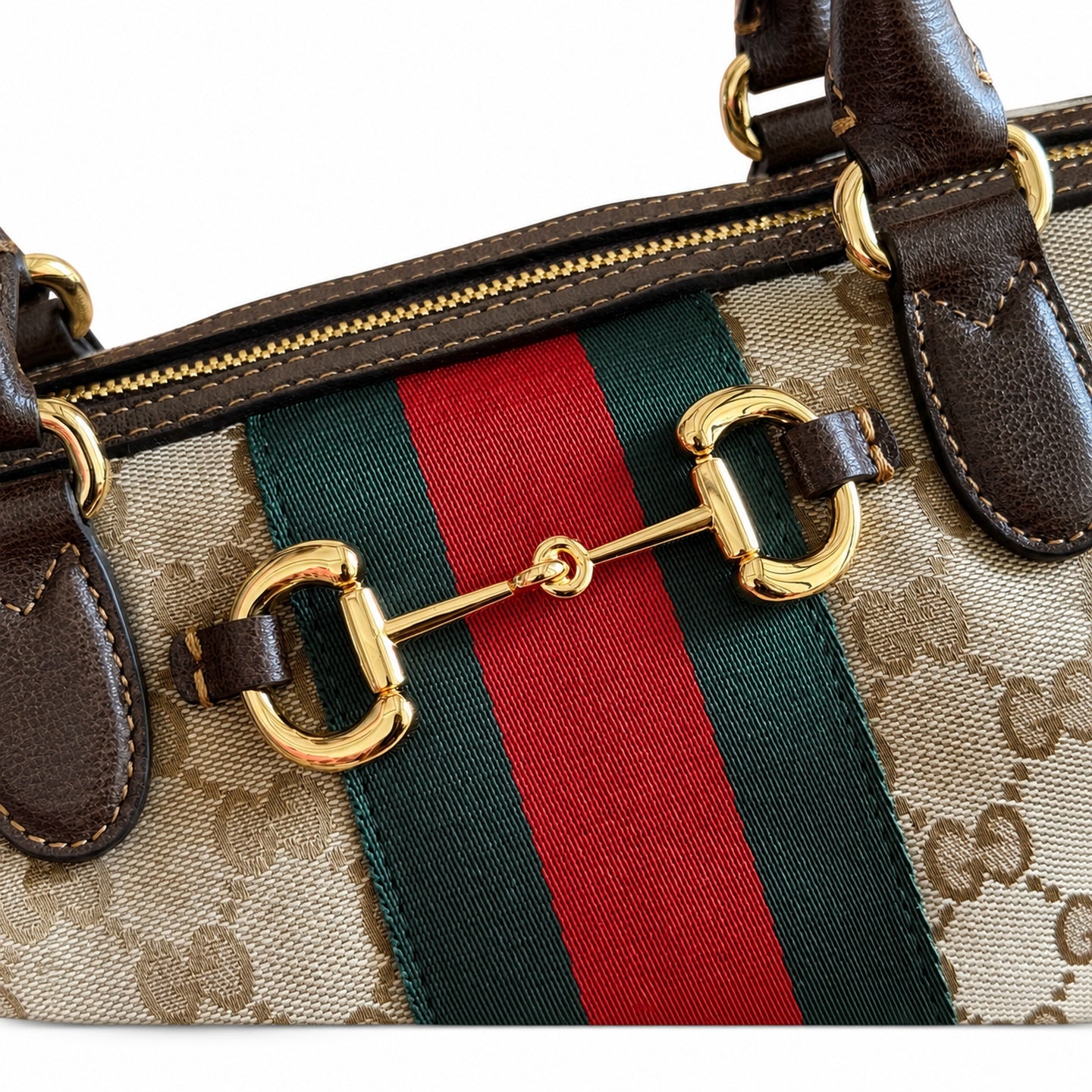 Gucci Horsebit Double Zip Canvas Leather Black Brown Gold Handbag