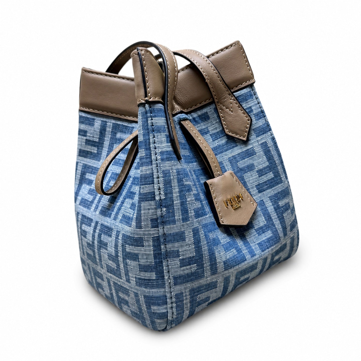 Fendi Origami Medium Denim Leather Beige Blue Gold Bag