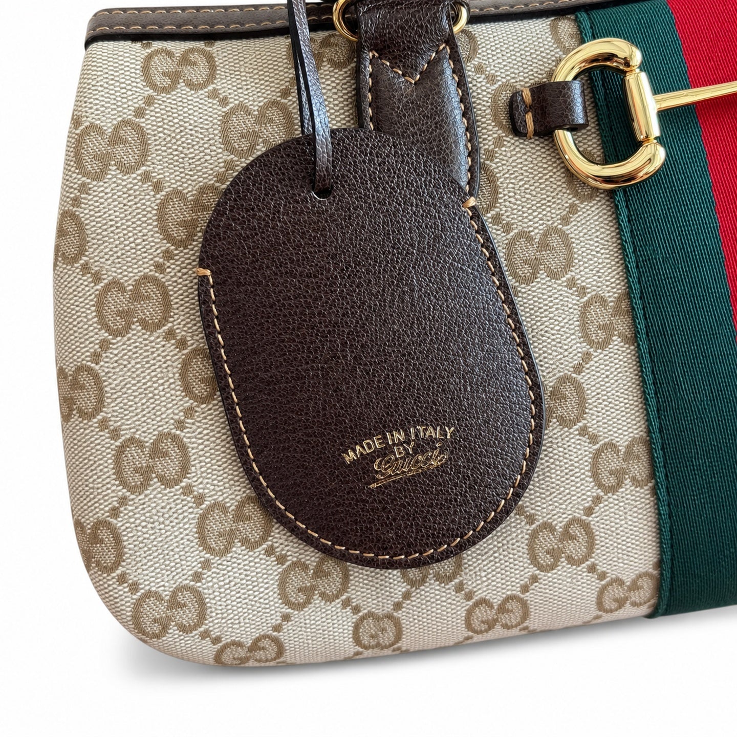 Gucci Horsebit Double Zip Canvas Leather Black Brown Gold Handbag