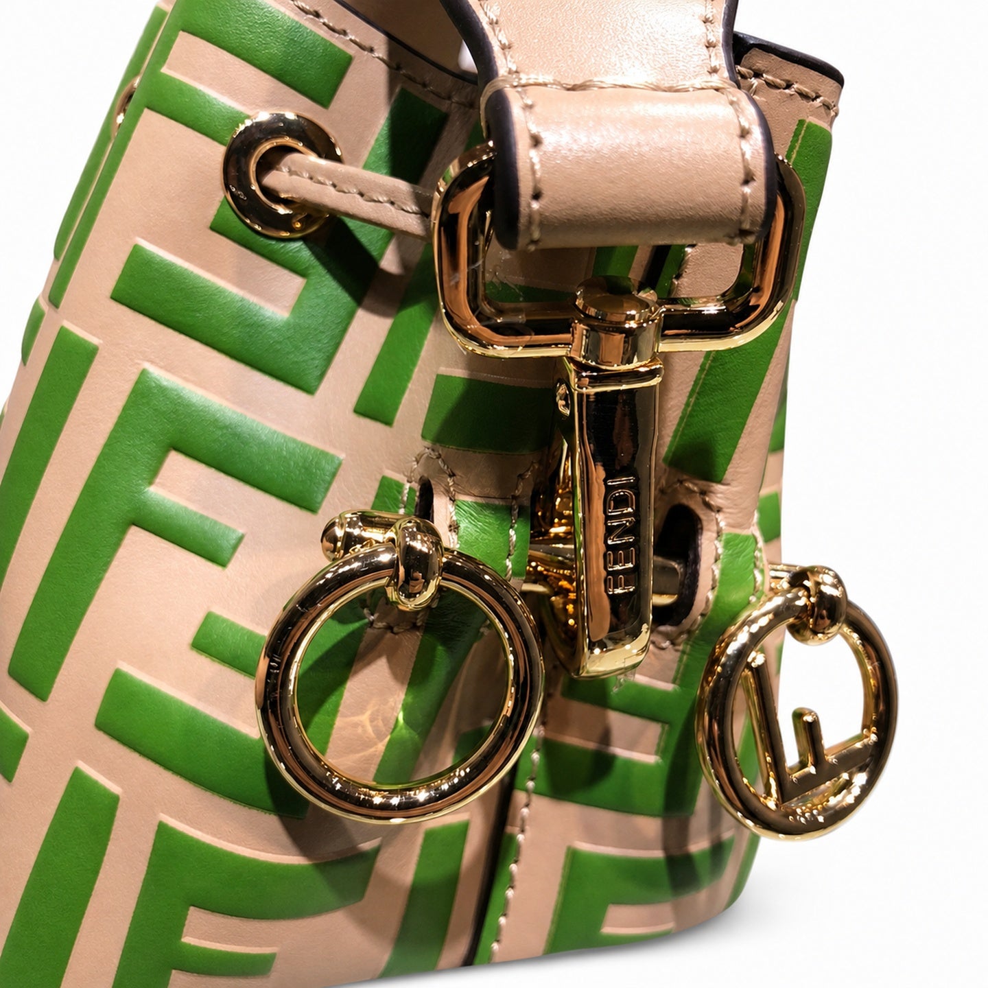 Fendi Mon Tresor Small Leather Beige Green Gold Bucket Bag