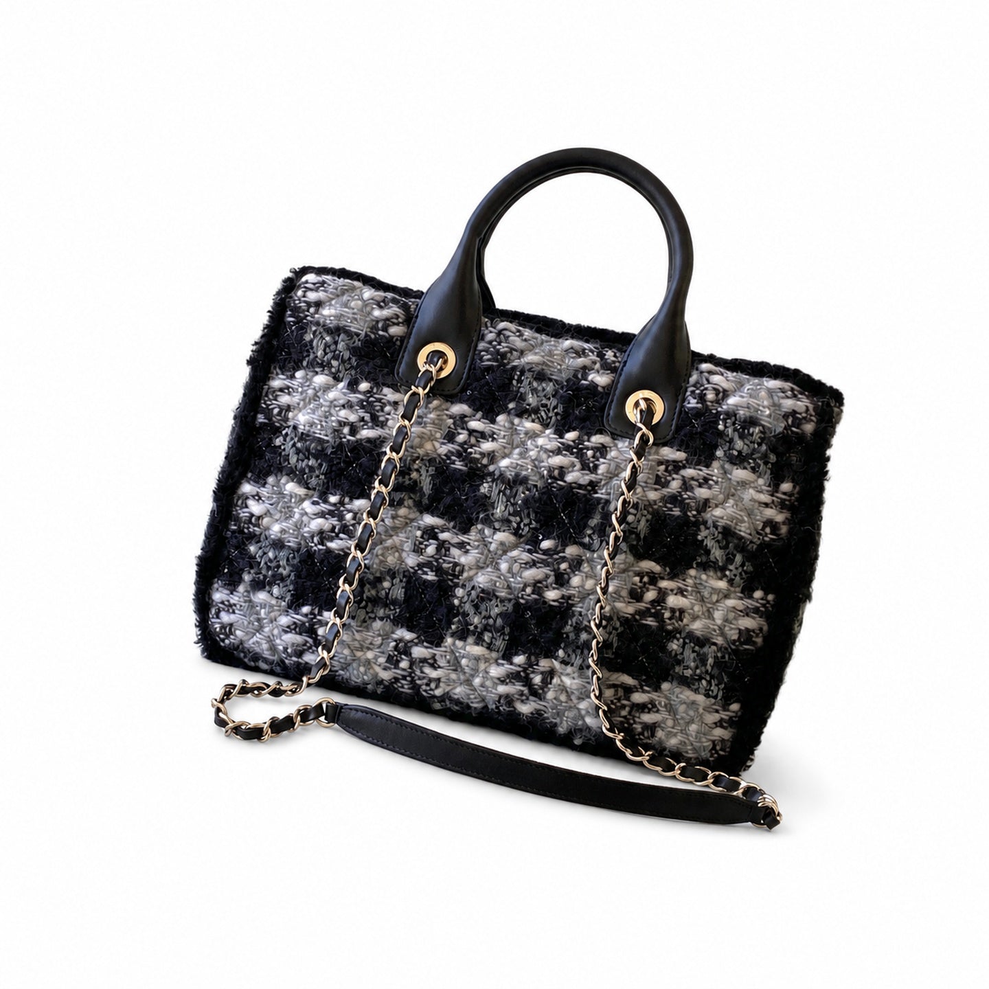 Chanel 25 Tweed Leather Check Black Gray Silver Handbag