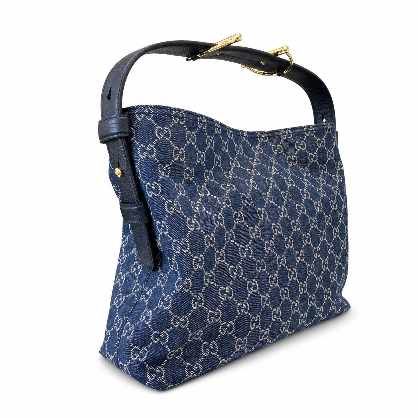 Gucci Horsebit Cotton Denim Canvas Leather White Brown Blue Gold Handbag