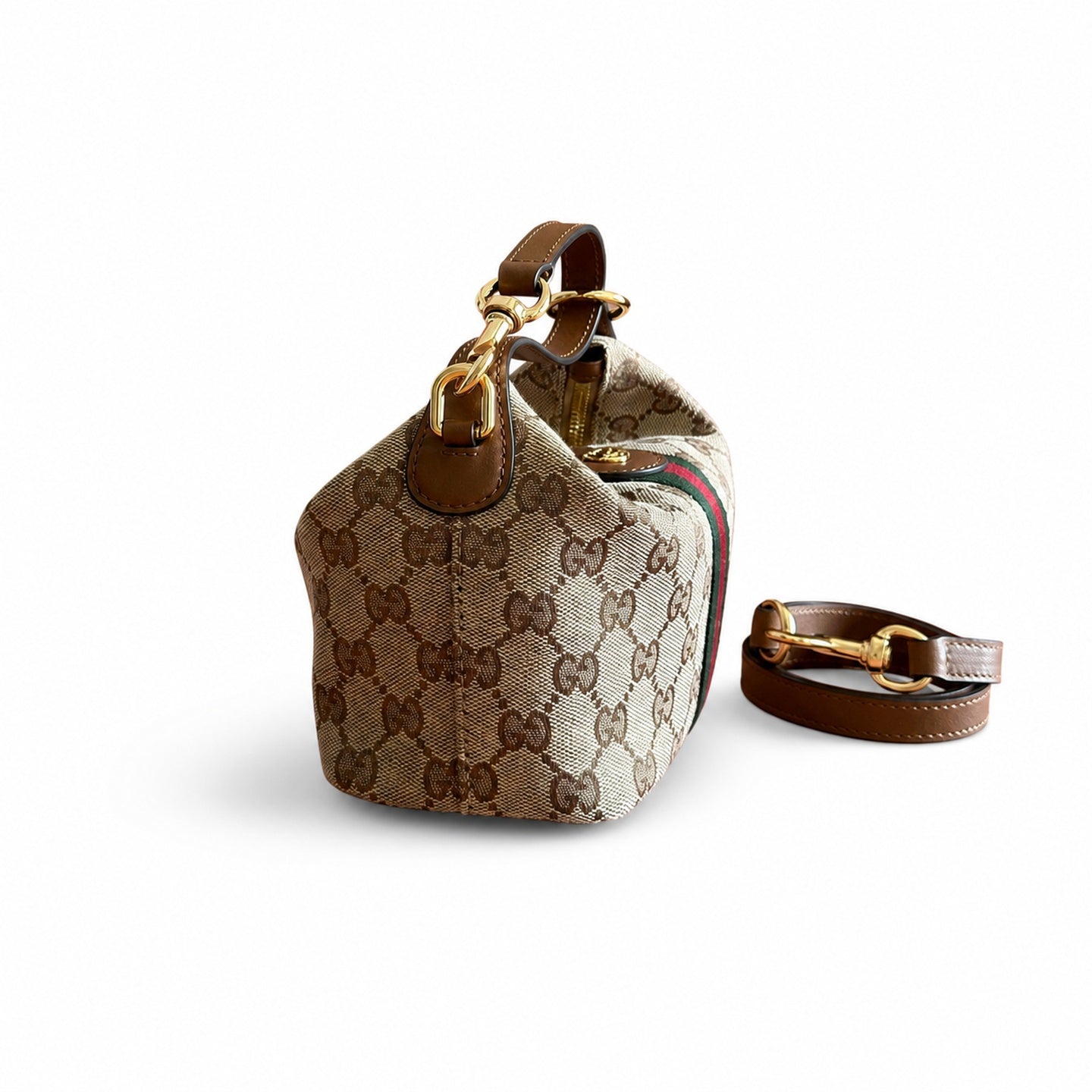 Gucci Cotton Canvas Leather Beige Brown Green Gold Bag