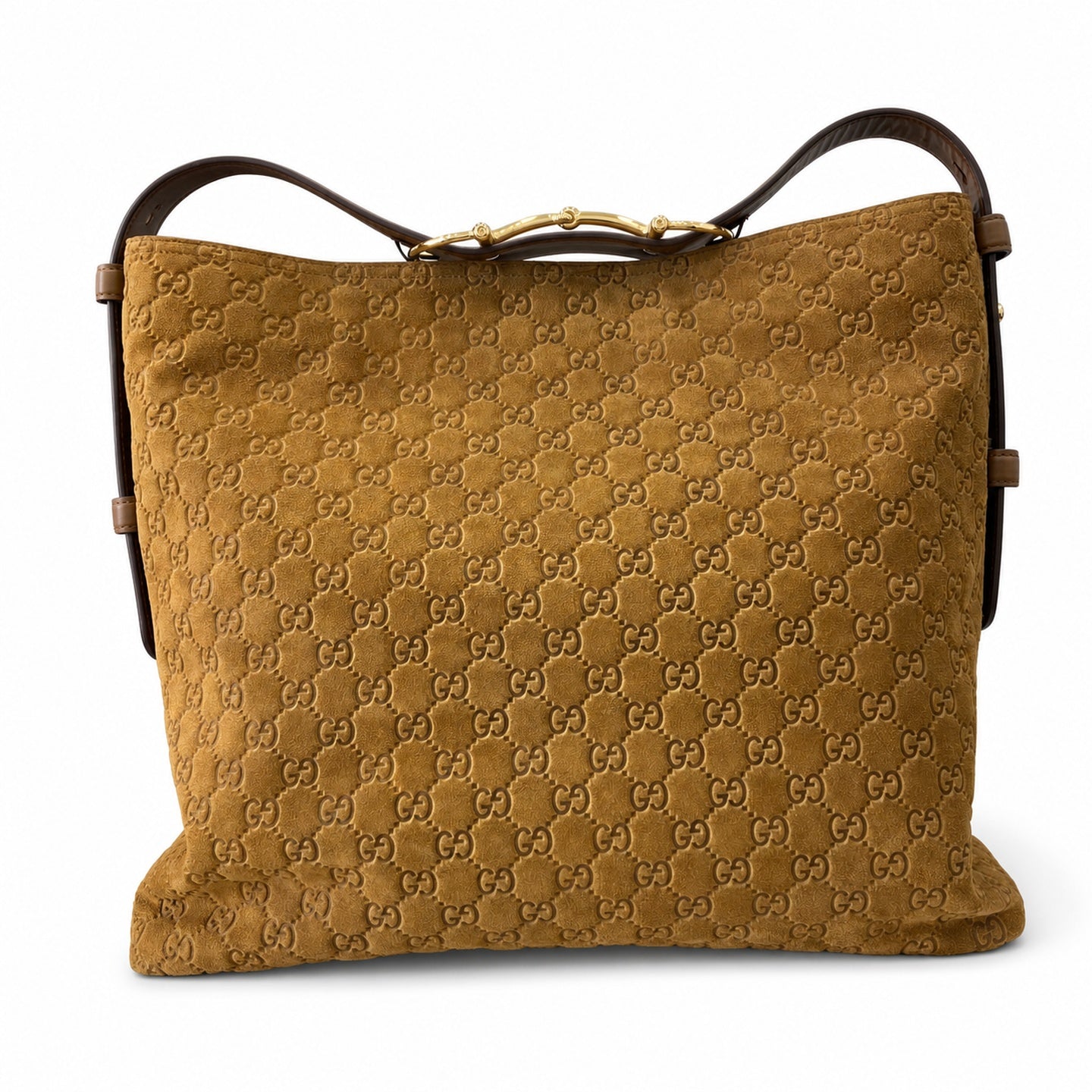 Gucci Horsebit Cotton Suede Leather Brown Gold Handbag
