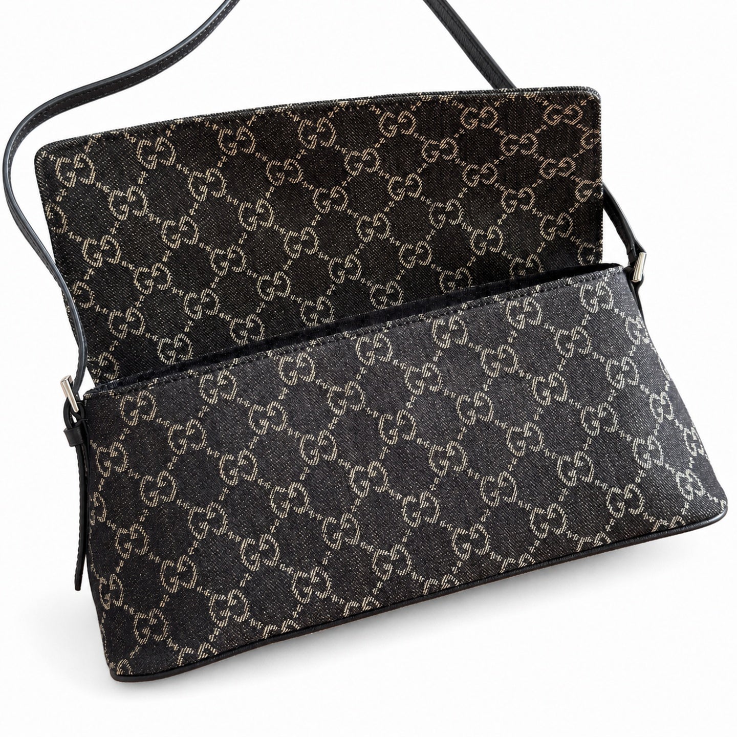 Gucci Denim Nylon Leather Black Blue Shoulder Bag