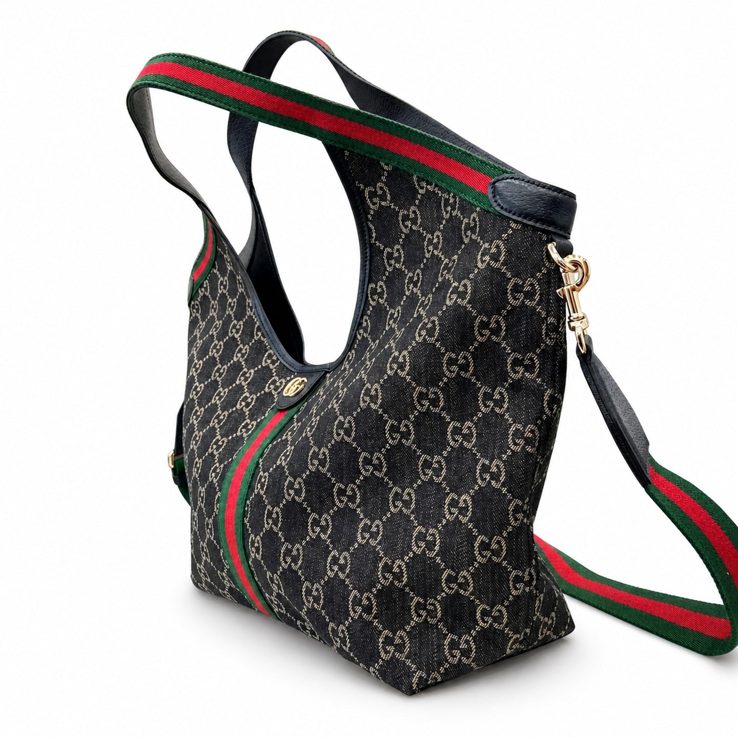 Gucci Giglio Cotton Denim Leather Black White Red Blue Gold Tote Bag