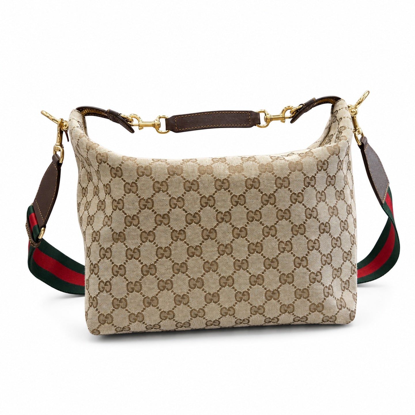 Gucci Double Zip Canvas Nylon Leather Brown Gold Handbag