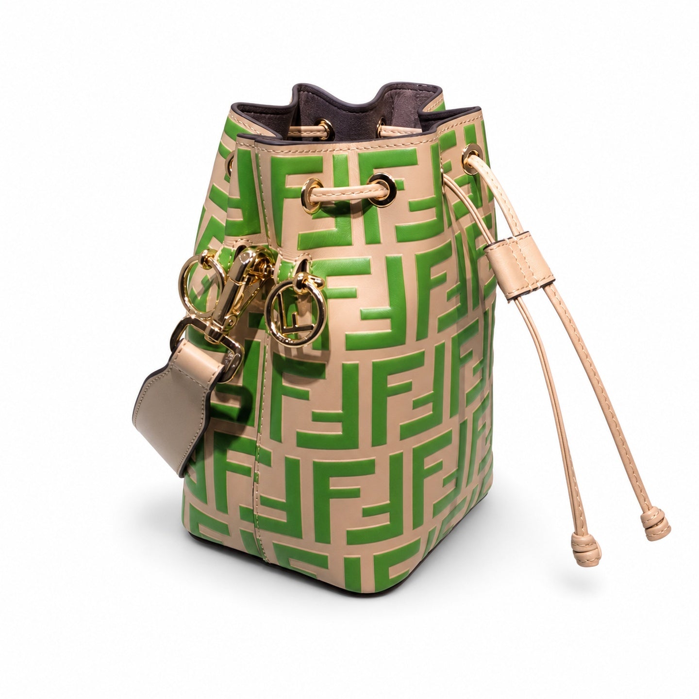 Fendi Mon Tresor Small Leather Beige Green Gold Bucket Bag