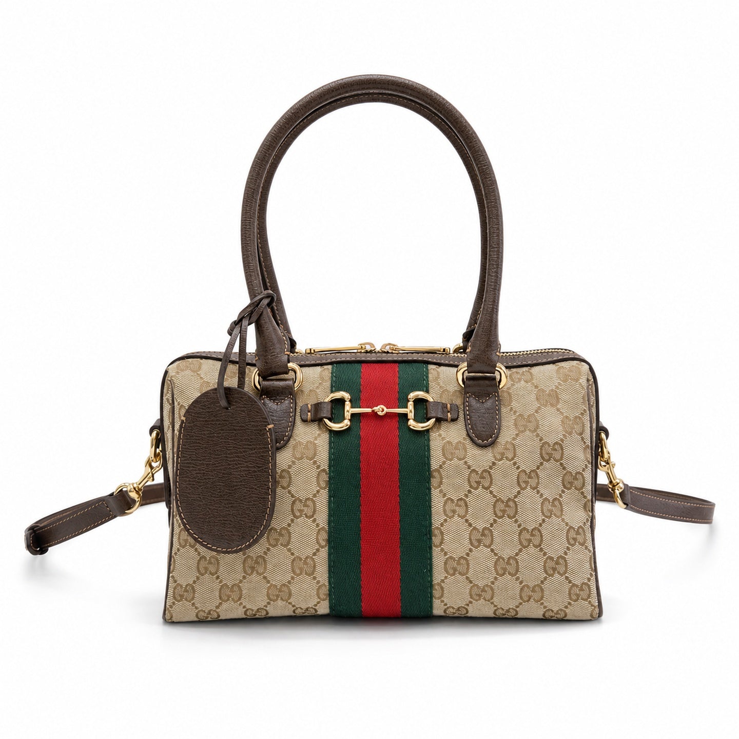 Gucci Horsebit Double Zip Canvas Leather Beige Brown Gold Handbag