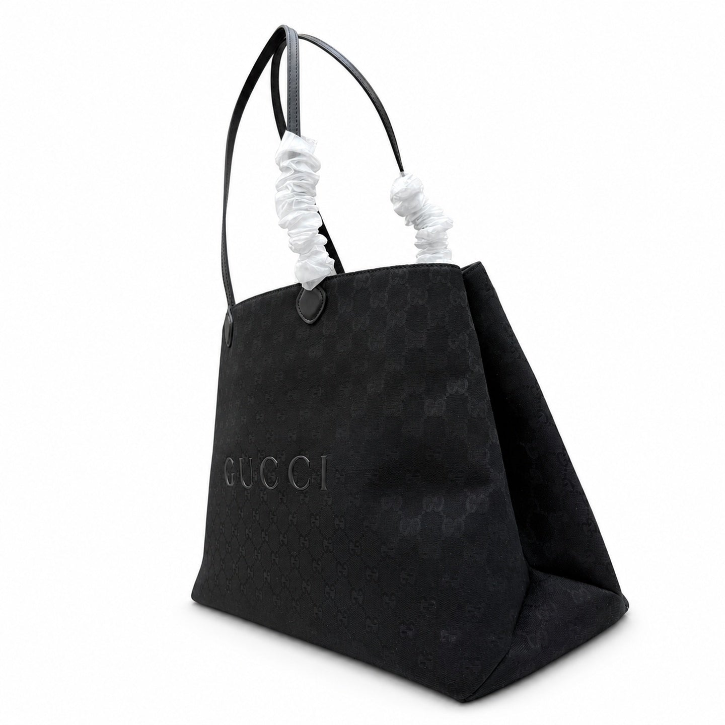 Gucci Cotton Canvas Leather Black Gray Gold Tote Bag
