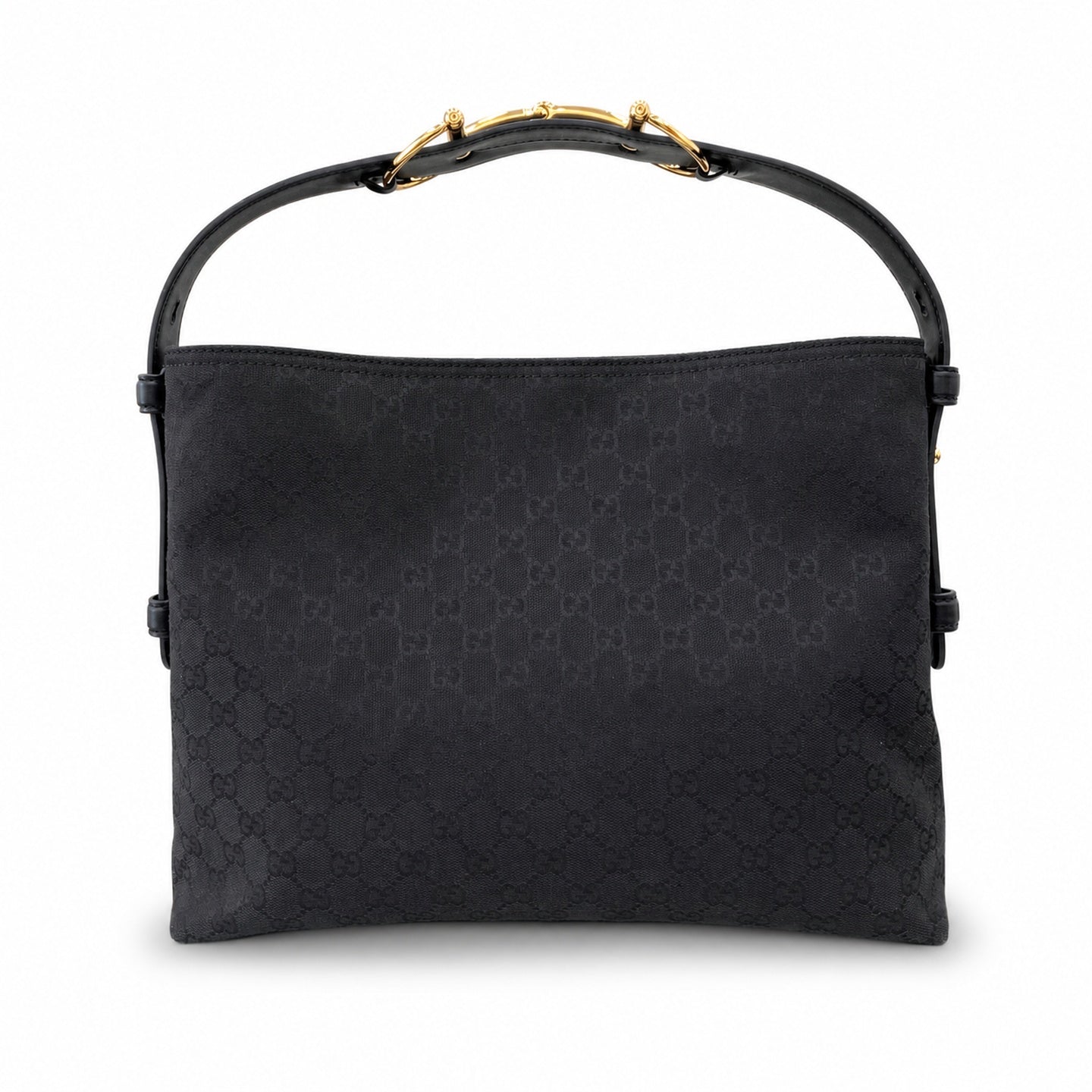 Gucci Horsebit Cotton Canvas Black Beige Gold Handbag
