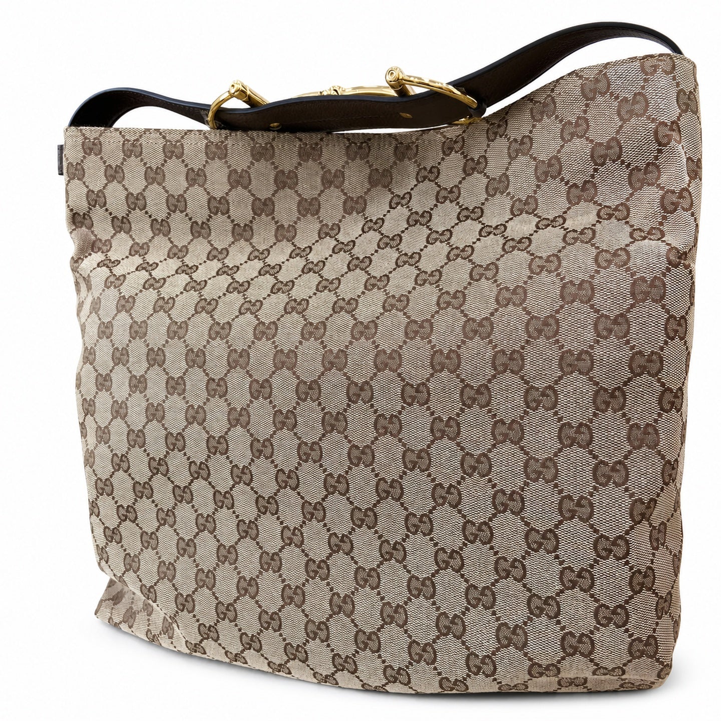 Gucci Horsebit Cotton Canvas Leather Beige Brown Green Gold Handbag