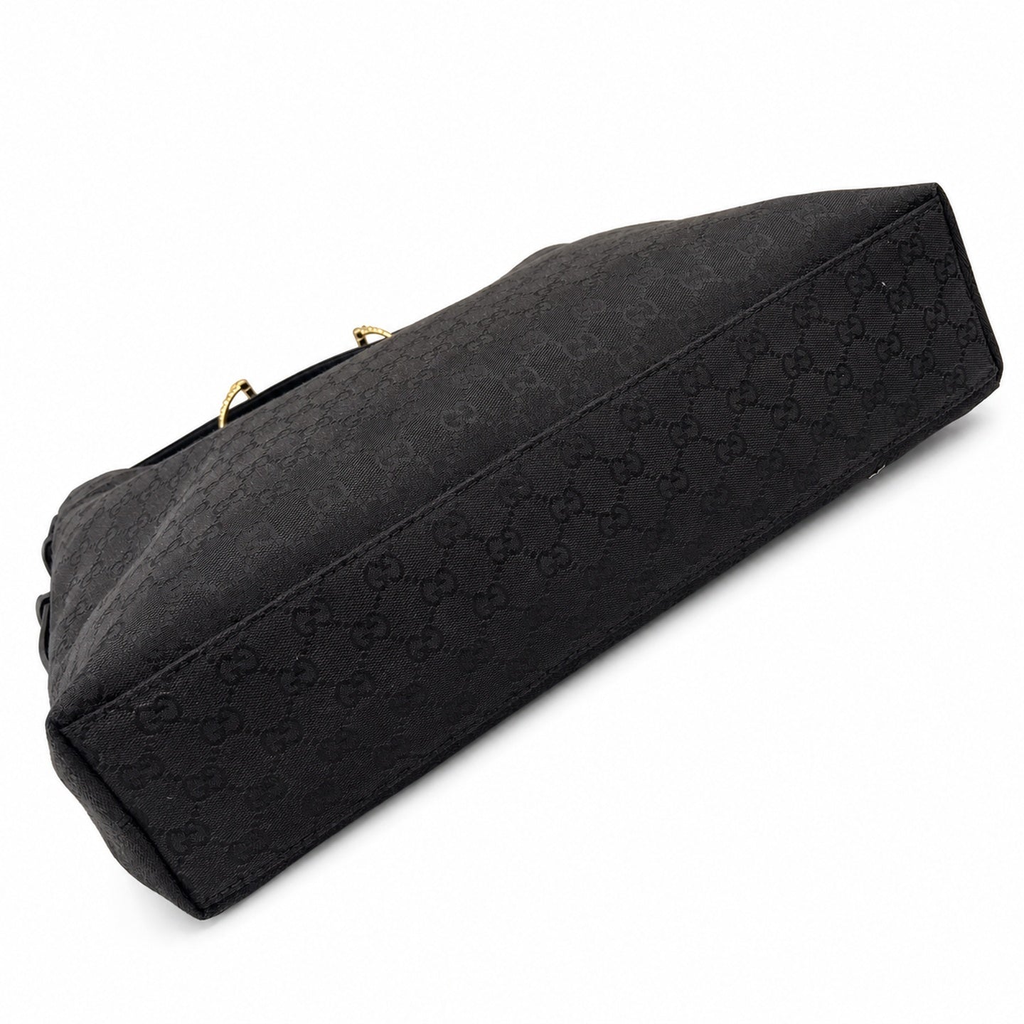 Gucci Horsebit Cotton Canvas Leather Black Beige Gold Handbag