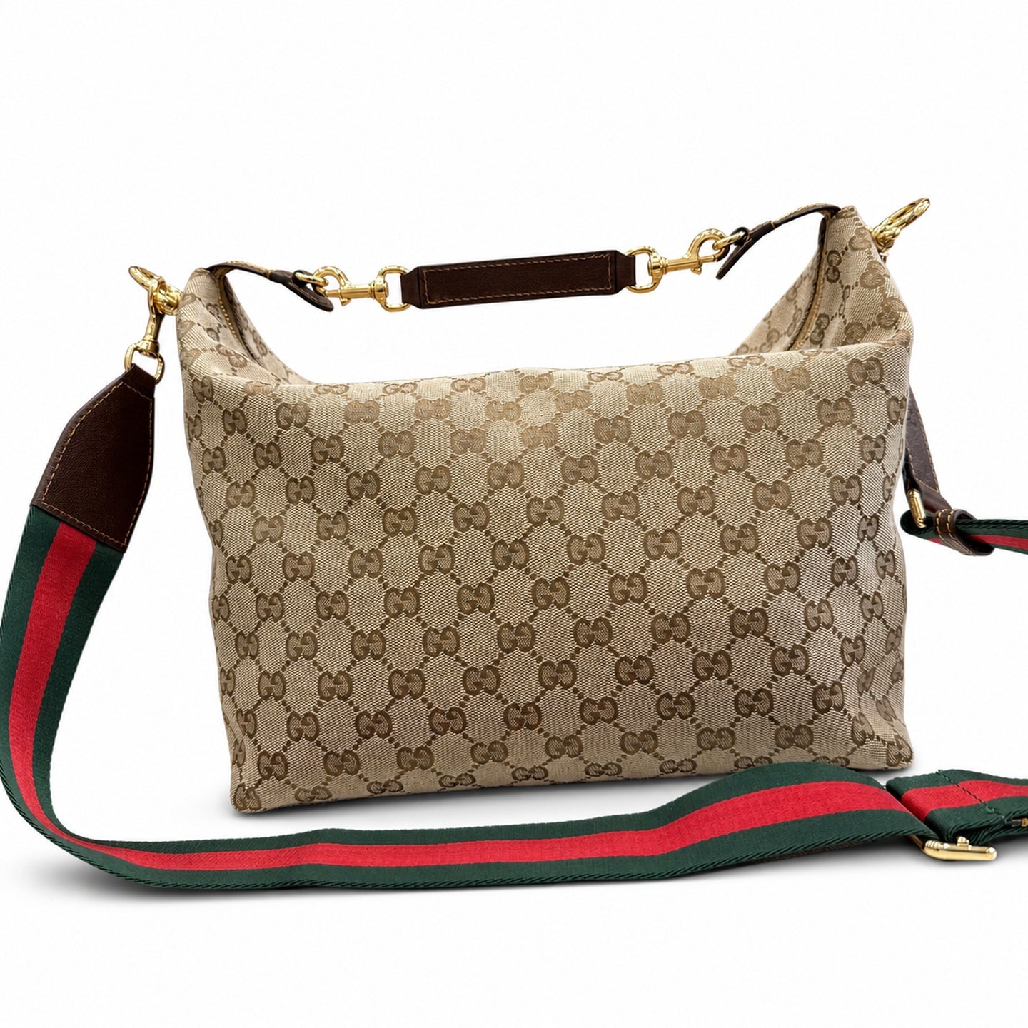 Gucci Double Zip Canvas Nylon Leather Brown Gold Handbag