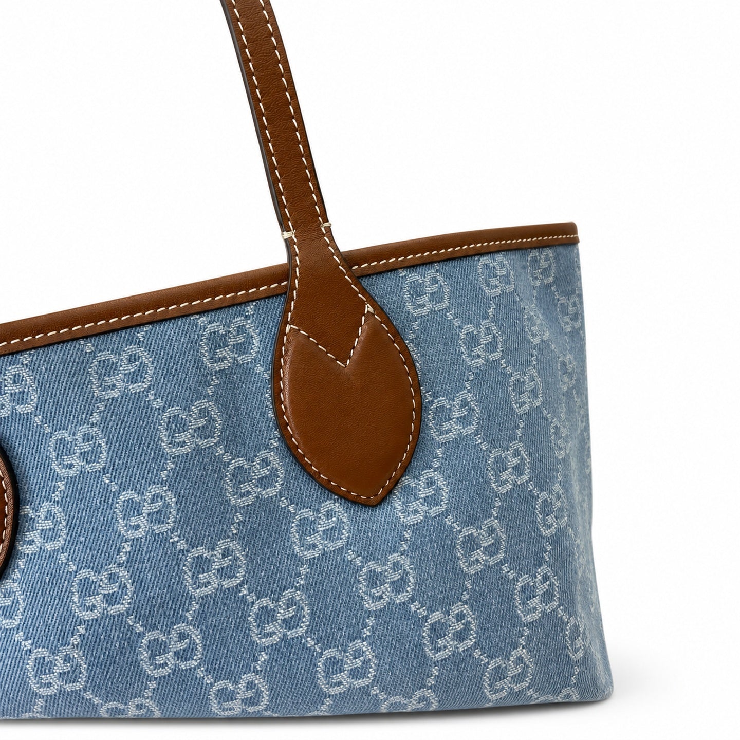 Gucci Denim Leather White Brown Blue Gold Tote Bag